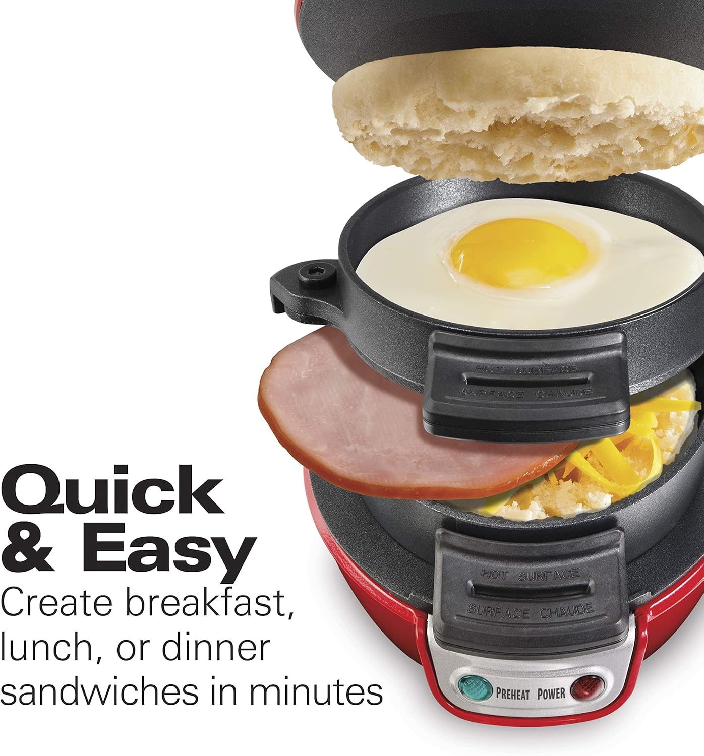 Hamilton Beach Breakfast Sandwich Maker with Egg Cooker Ring, Customize Ingredients, English Muffins, Croissants, Mini Waffles, Perfect White Elephant Gifts, Single, Black