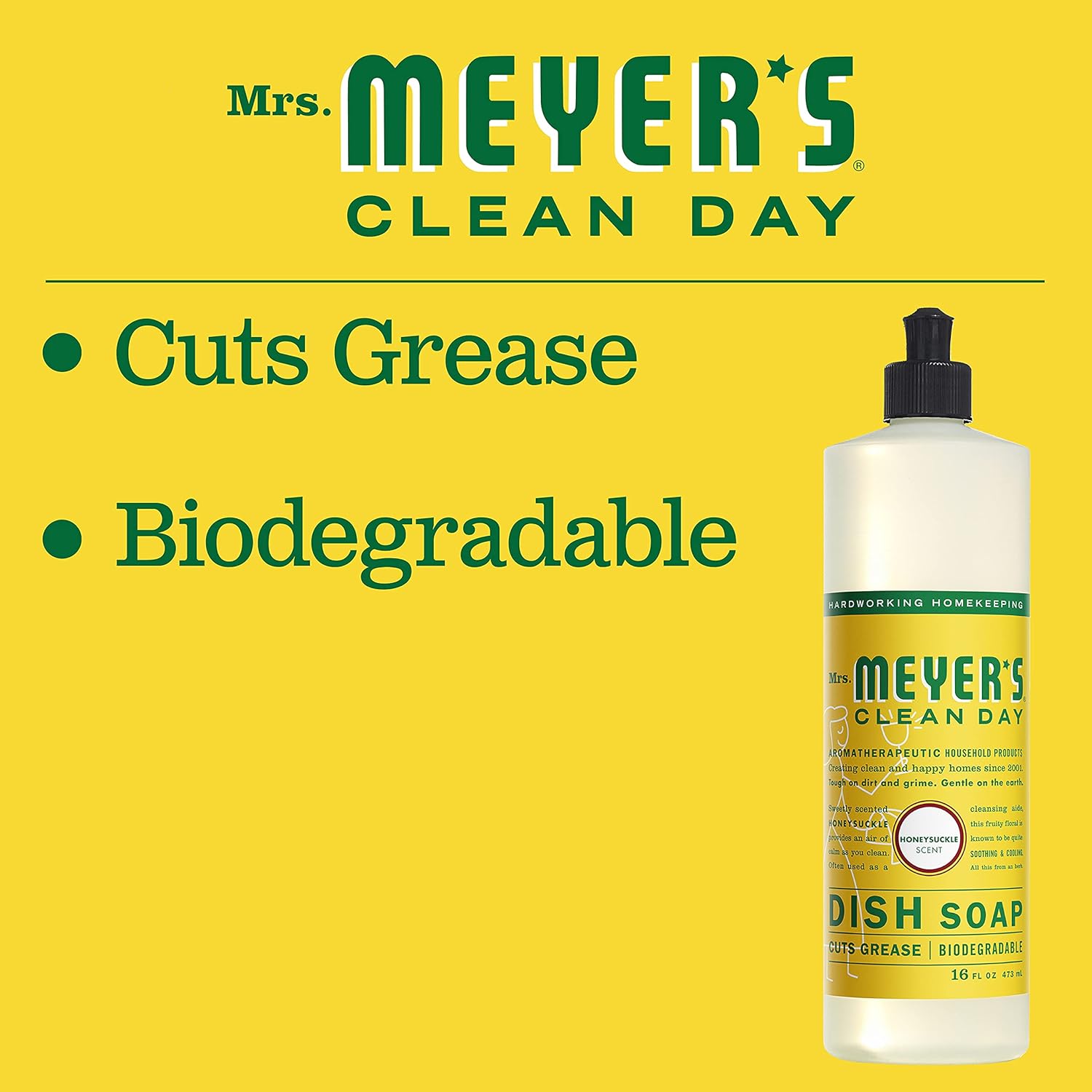 MRS. MEYER'S CLEAN DAY Liquid Dish Soap, Biodegradable Formula, Basil, 16 fl. oz - Pack of 3