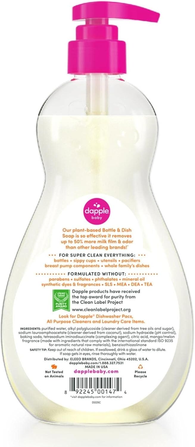 Dapple Baby Bottle Soap, Hypoallergenic Dish Soap for Baby Bottles, Powered by Plants, 1 Pump Included, Packaging May Vary, Fragrance Free, 16.9 Fl Oz (Pack of 3)