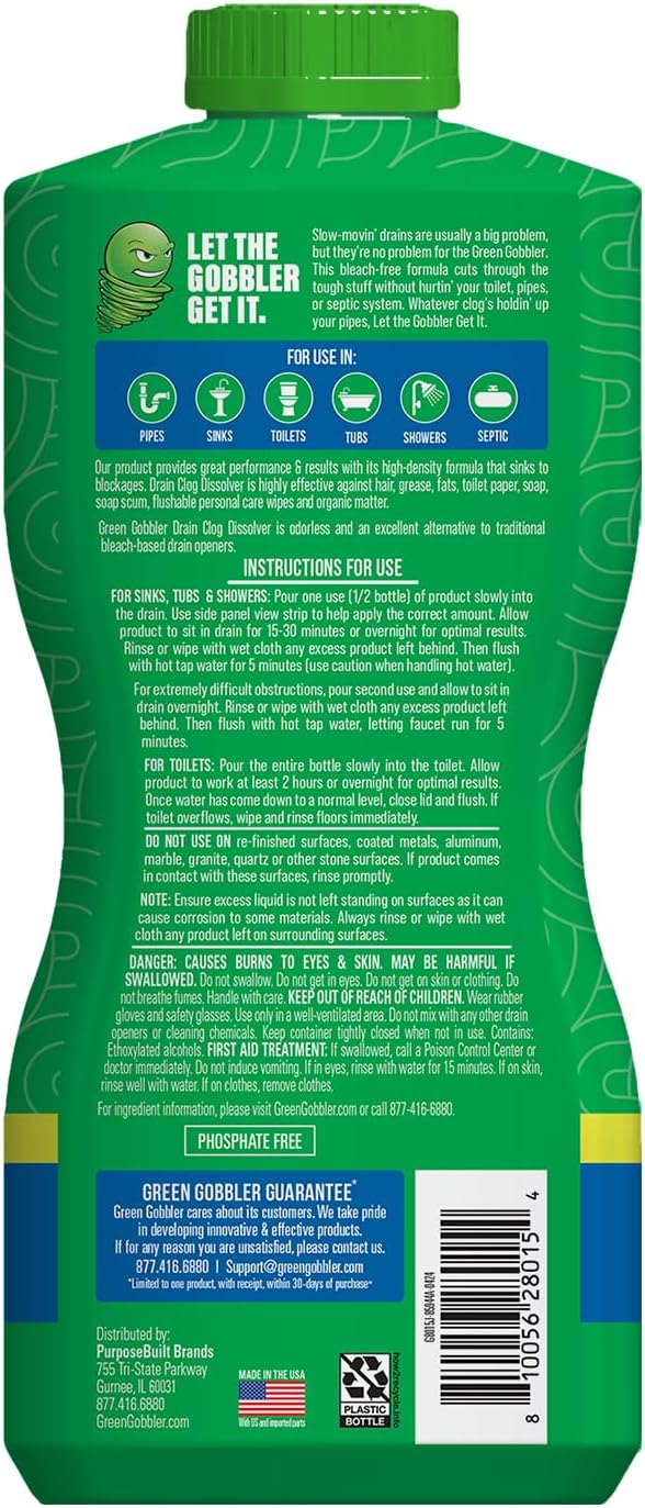 Green Gobbler Drain Clog Remover | Toilet Clog Remover | Dissolve Hair & Organic Materials from Clogged Toilets, Sinks and Drains | Drain Cleaner and Opener, 128 oz