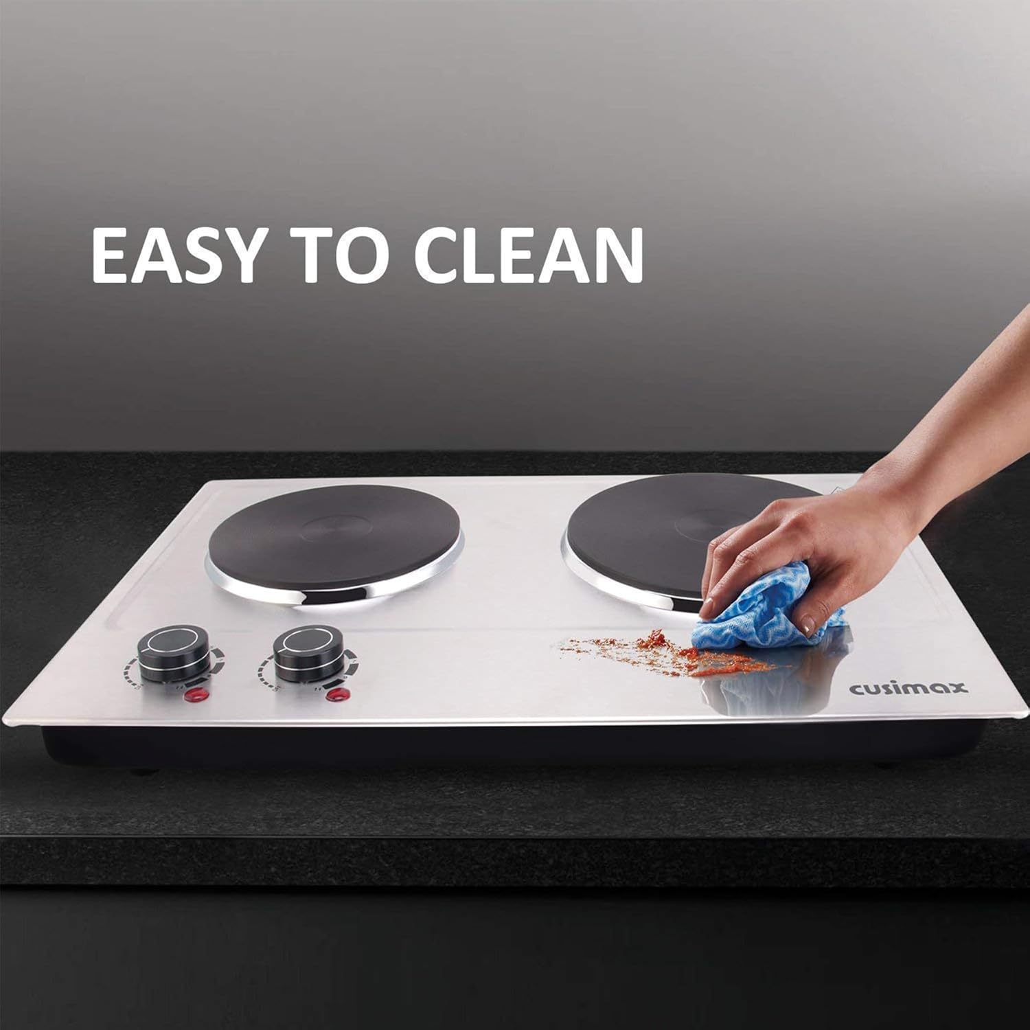 CUSIMAX 1800W Ceramic Electric Hot Plate for Cooking, Dual Control Infrared Cooktop, Double Burner, Portable Countertop Burner, Glass Plate Electric Cooktop, Silver, Stainless Steel-Upgraded Version