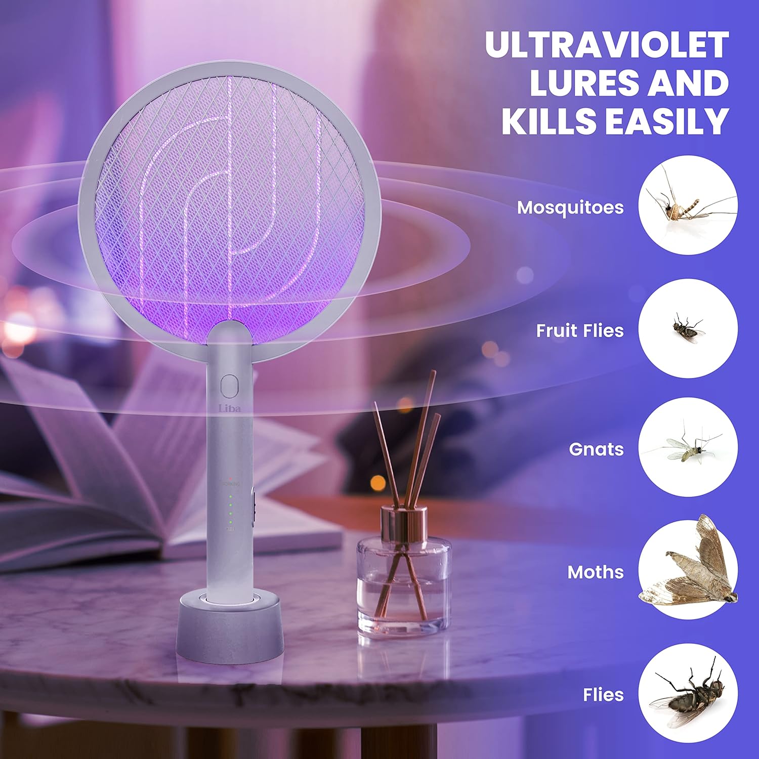 LiBa Electric Bug Zapper, Indoor Insect Killer - (2) Extra Replacement Bulbs - Fly, Mosquito Killer and Repellent - Lightweight, Powerful 2800V Grid, Easy-to-Clean, with a Removable Washable Tray.