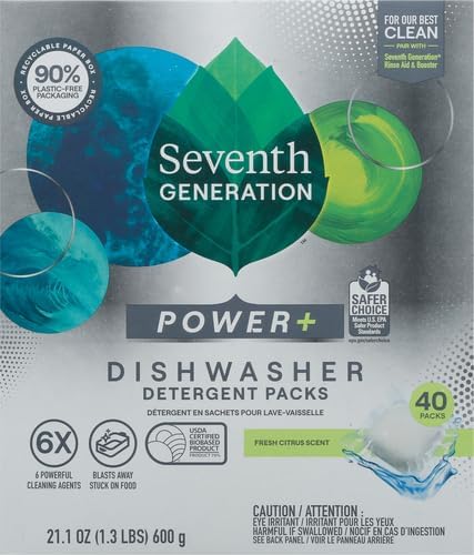 Seventh Generation Power+ Dishwasher Detergent Packs Fresh Citrus scent 1 for sparkling dishes Dishwasher tabs 70 count