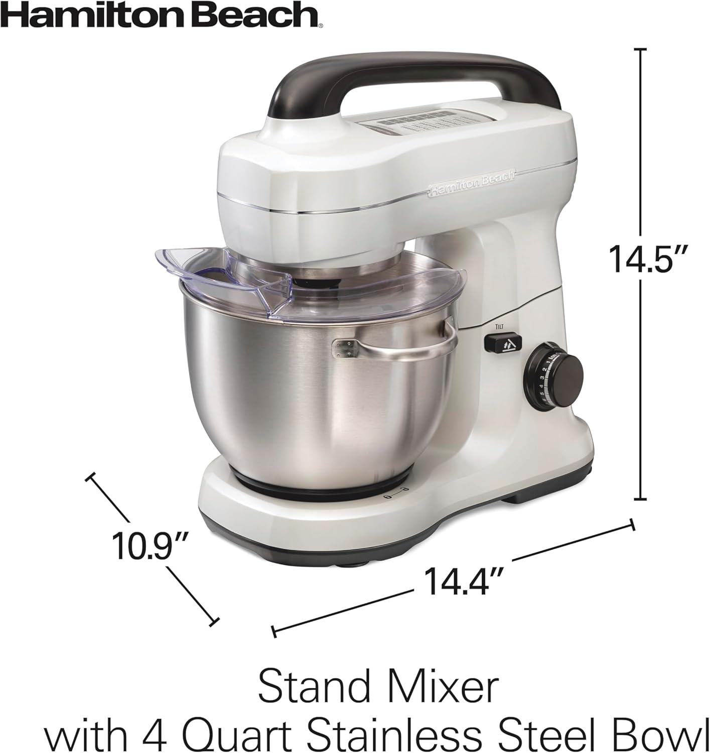 Hamilton Beach Electric Stand Mixer, 4 Quarts, Dough Hook, Flat Beater Attachments, Splash Guard 7 Speeds with Whisk, Black with Top Handle