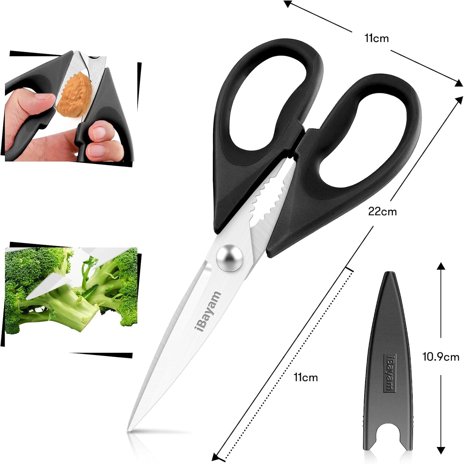 iBayam Kitchen Scissors All Purpose Heavy Duty Meat Poultry Shears, Dishwasher Safe Food Cooking Scissors Stainless Steel Utility Scissors, 2-Pack (Black Red, Black Gray)