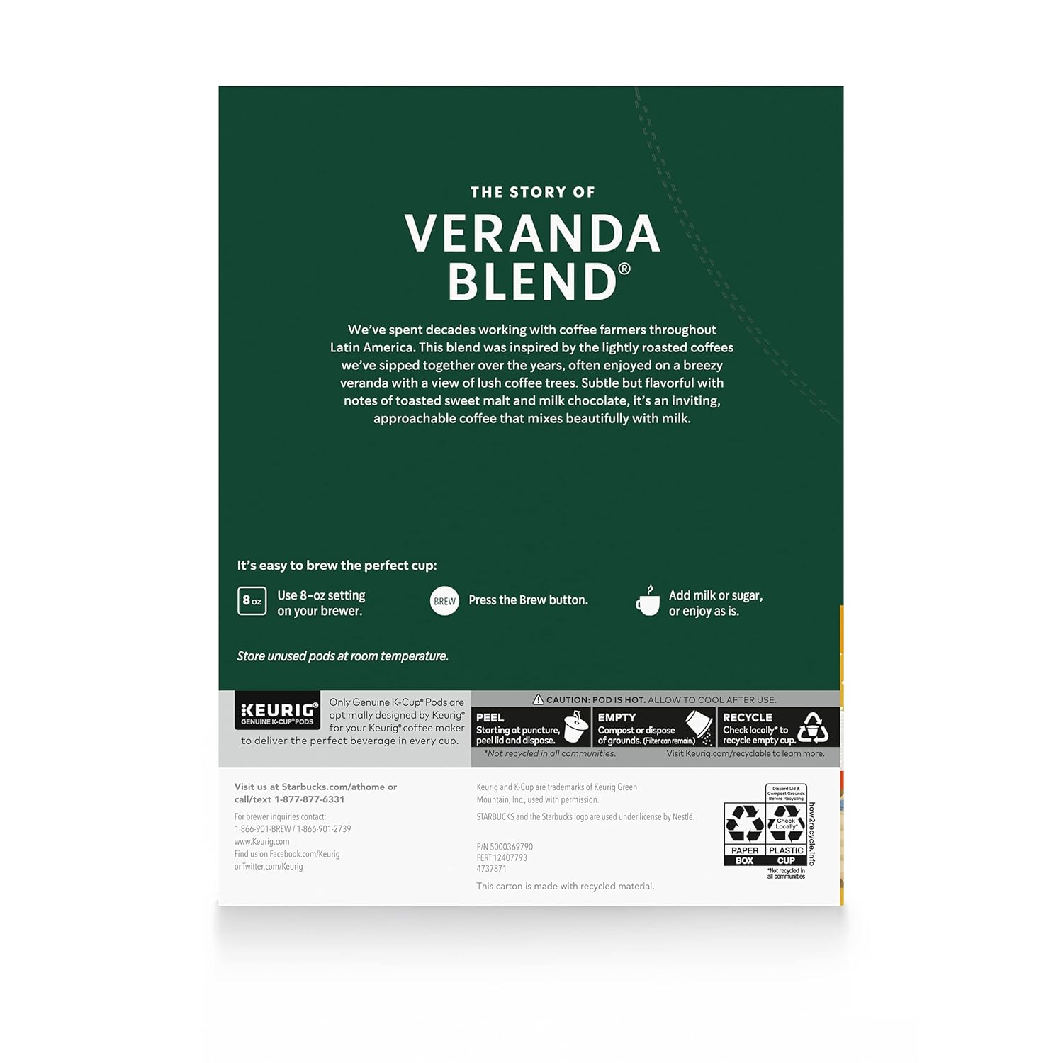 Starbucks K-Cup Coffee Pods, Starbucks Blonde Roast Coffee, Veranda Blend for Keurig Brewers, 100% Arabica, 6 boxes (60 pods total)