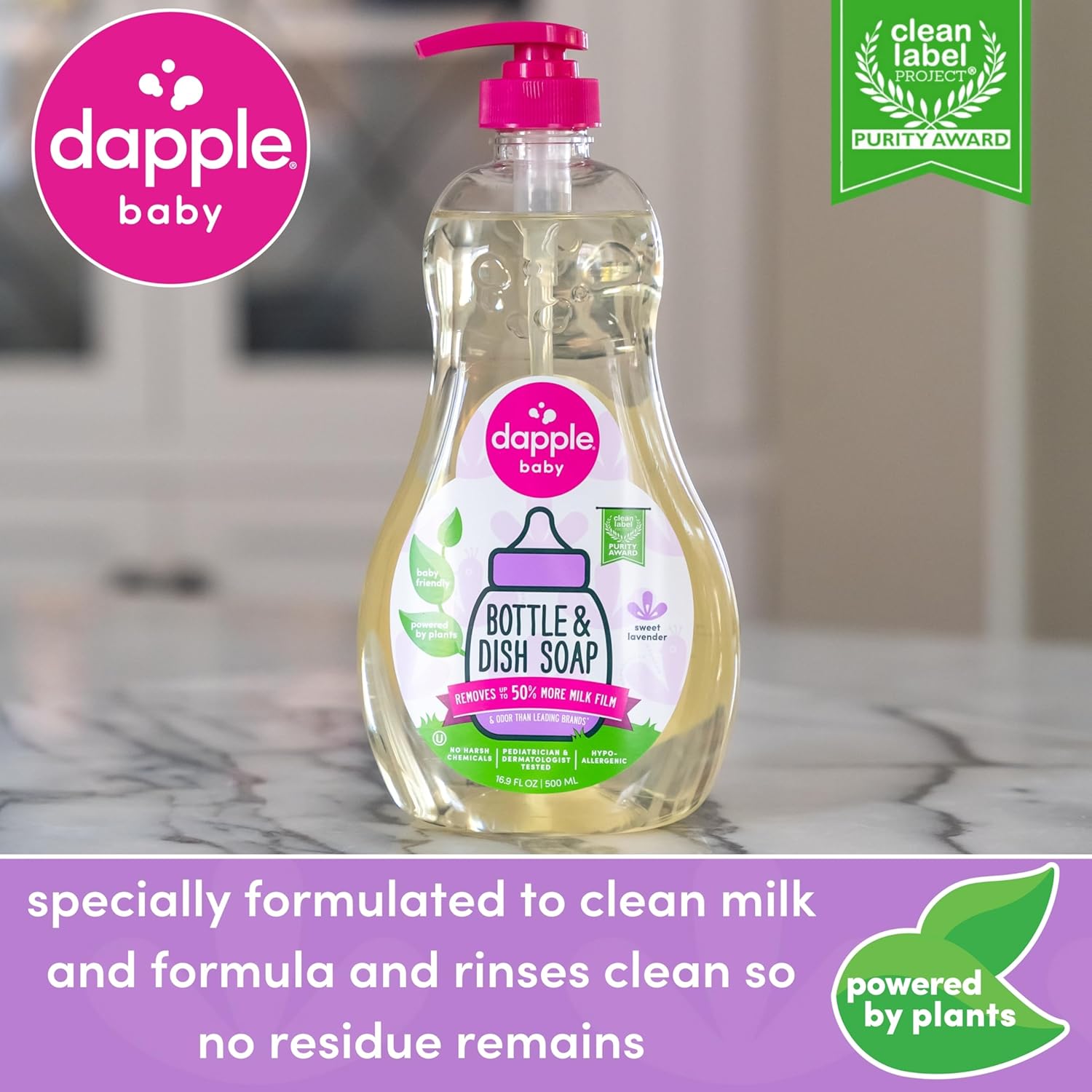 Dapple Baby Bottle Soap, Hypoallergenic Dish Soap for Baby Bottles, Powered by Plants, 1 Pump Included, Packaging May Vary, Fragrance Free, 16.9 Fl Oz (Pack of 3)