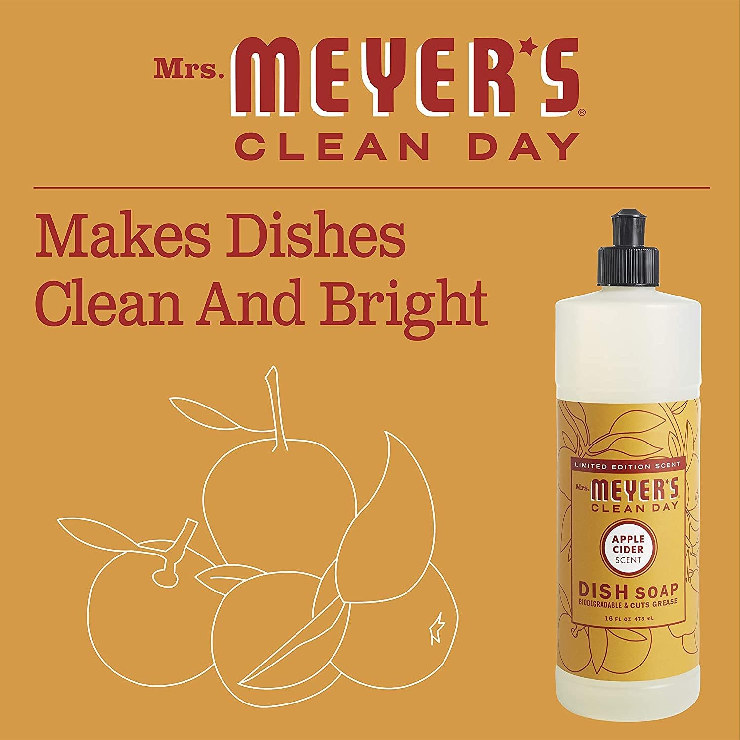 MRS. MEYER'S CLEAN DAY Liquid Dish Soap, Biodegradable Formula, Basil, 16 fl. oz - Pack of 3