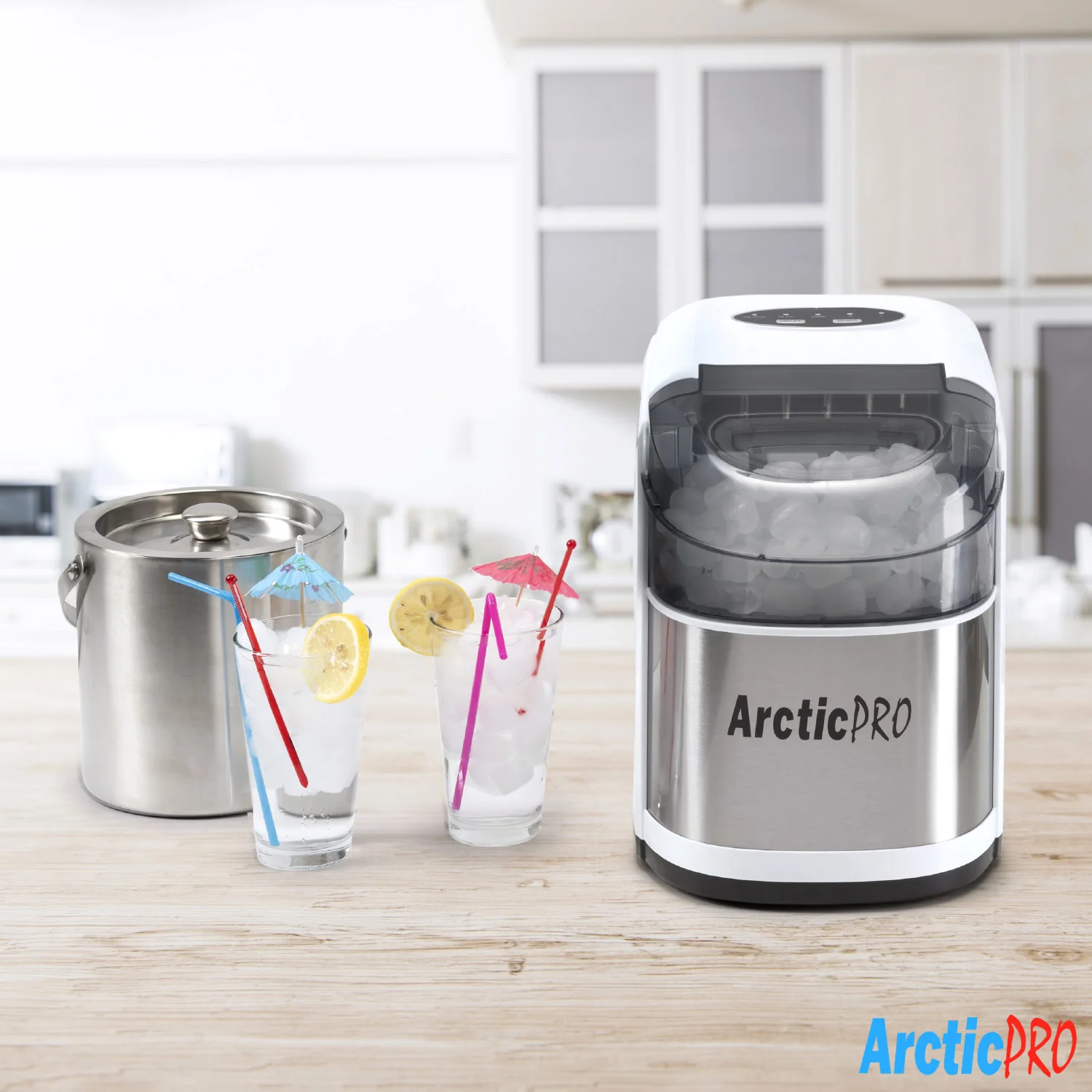 Arctic-Pro Easy Clean Flip-Top Lid Portable Ice Maker, White-Stainless Steel