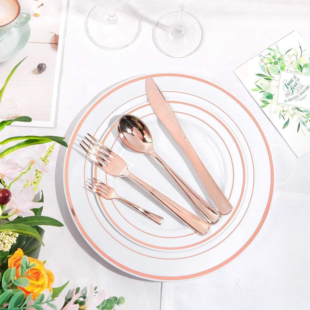 WDF300 Pieces Gold Plastic Silverware - Heavy Duty Disposable Gold Cutlery Set Plastic Gold Silverware Set Plastic Includes 100 Forks, 100 Spoons, 100 Knives