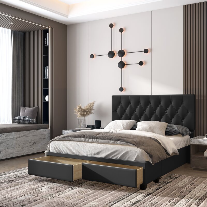 Verona Faux Leather Upholstered Tufted Platform Storage Bed Frame - Black