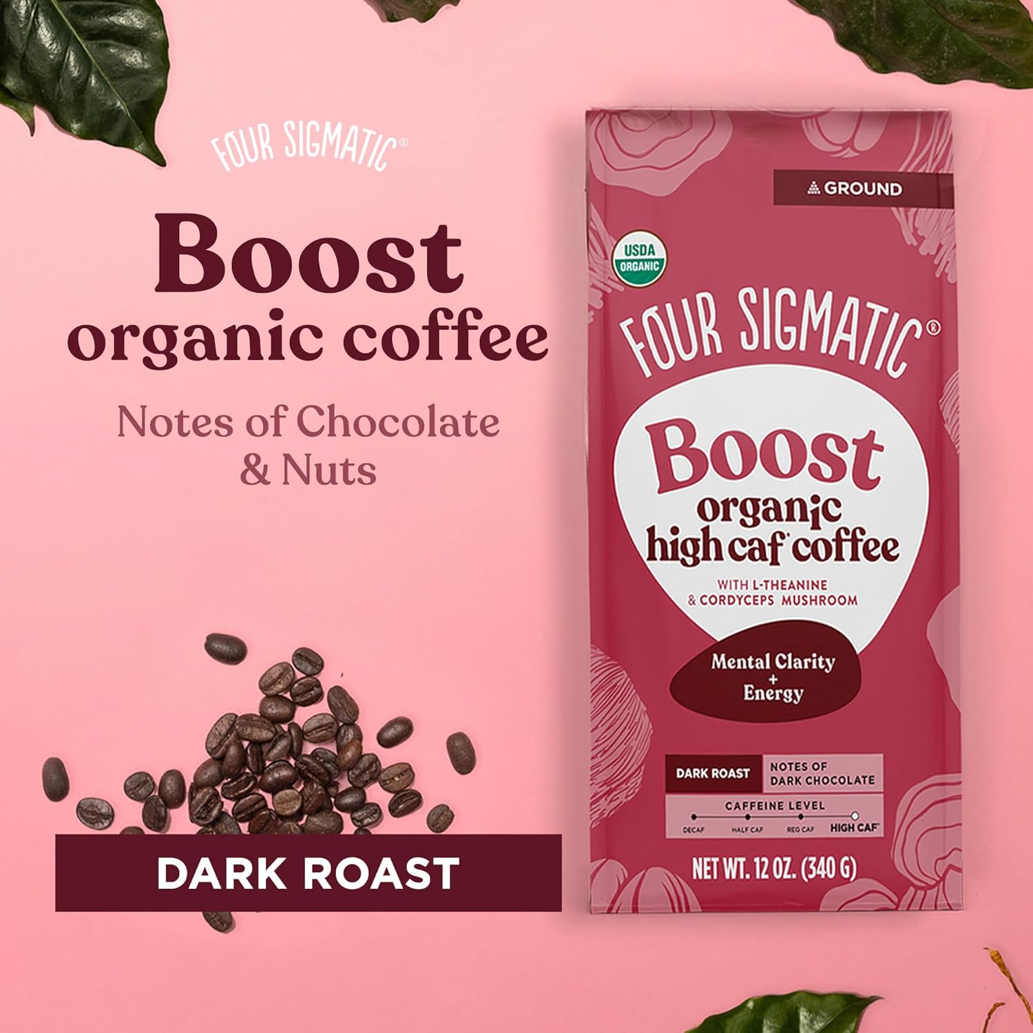 Four Sigmatic Think Mushroom Coffee | Organic Ground Coffee with Lion's Mane Mushroom and Chaga Mushroom | Nootropic Mushroom Coffee for Better Focus and Immune Support | 12oz Bag