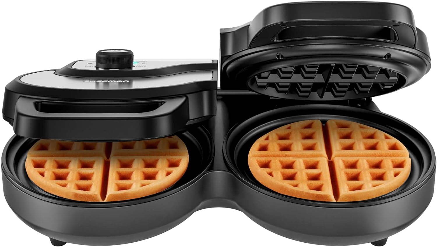 Chefman Anti-Overflow Belgian Waffle Maker w/Shade Selector, Temperature Control, Mess Free Moat, Round Iron w/Nonstick Plates & Cool Touch Handle, Measuring Cup Included, Black