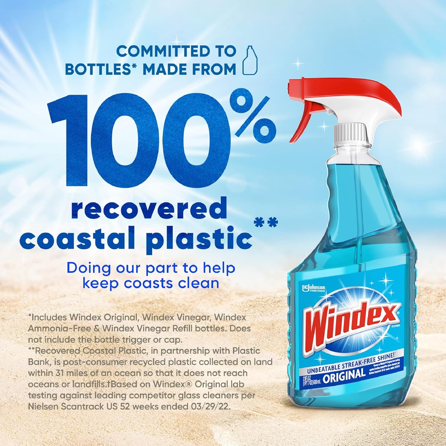 Windex Glass Cleaner Spray, Original Blue Window Cleaner Works on Smudges and Fingerprints, Bottle Made from 100% Recovered Coastal Plastic, 23 Fl Oz, Pack of 6