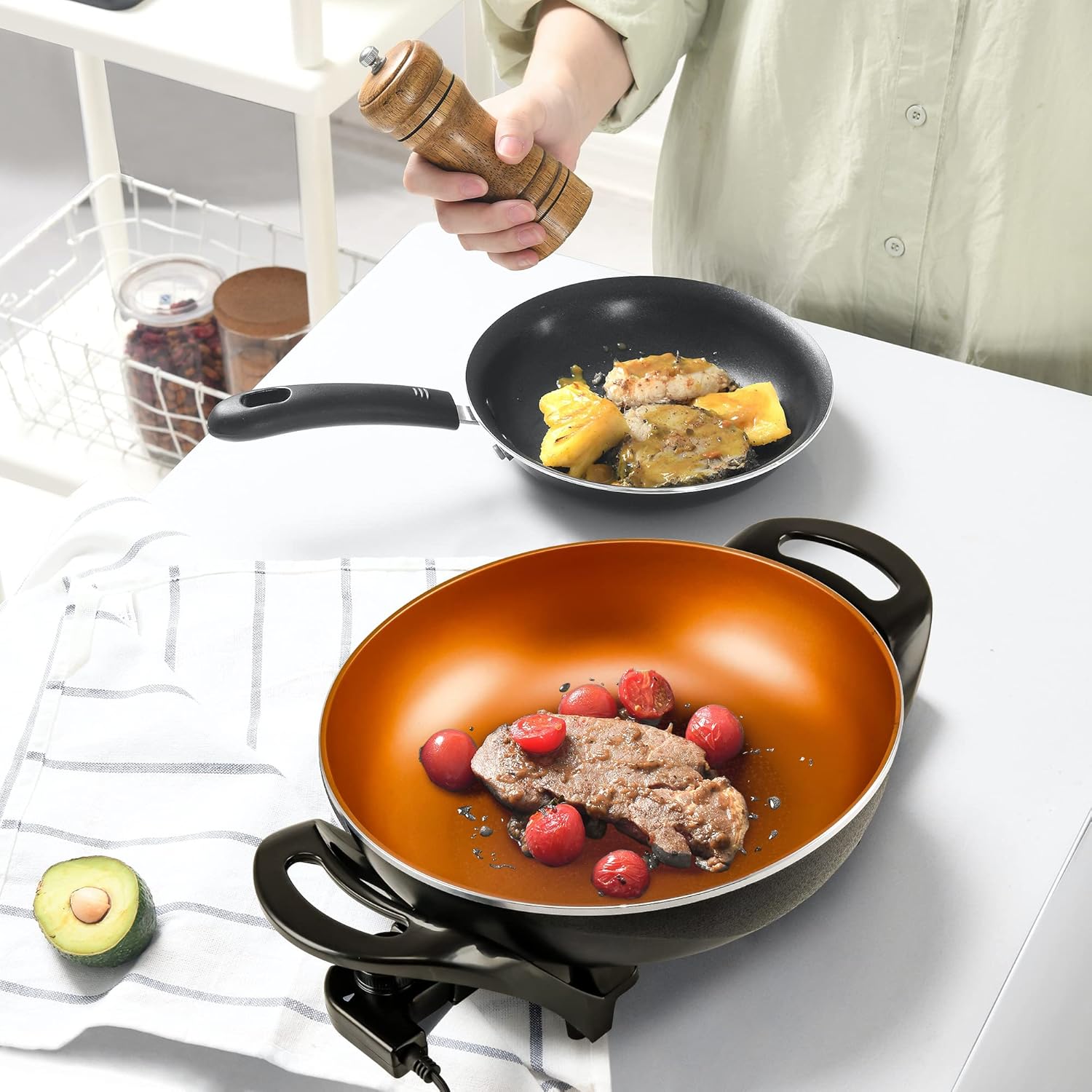 OVENTE 12 Inch Electric Skillet and Frying Pan with Nonstick Coating, 1400W Power, Adjustable Temperature Control, Tempered Glass Lid with Vent and Cool Touch Handles, Black SK11112B