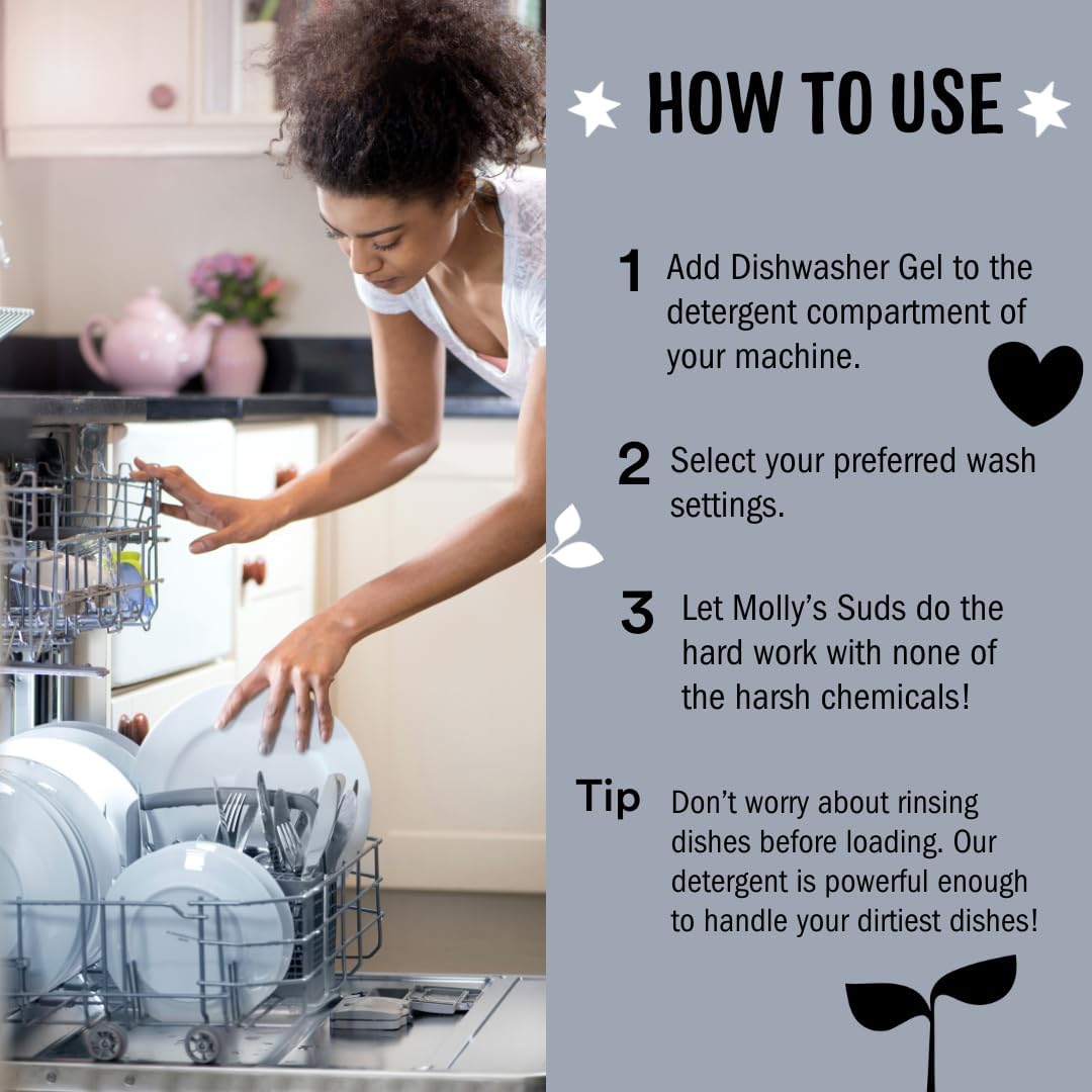 Molly's Suds Dishwasher Pods | Natural Dishwasher Detergent, Cuts Grease & Rinses Clean (Residue-Free) for Sparkling Dishes | 60 Auto-Release Tabs (Unscented)