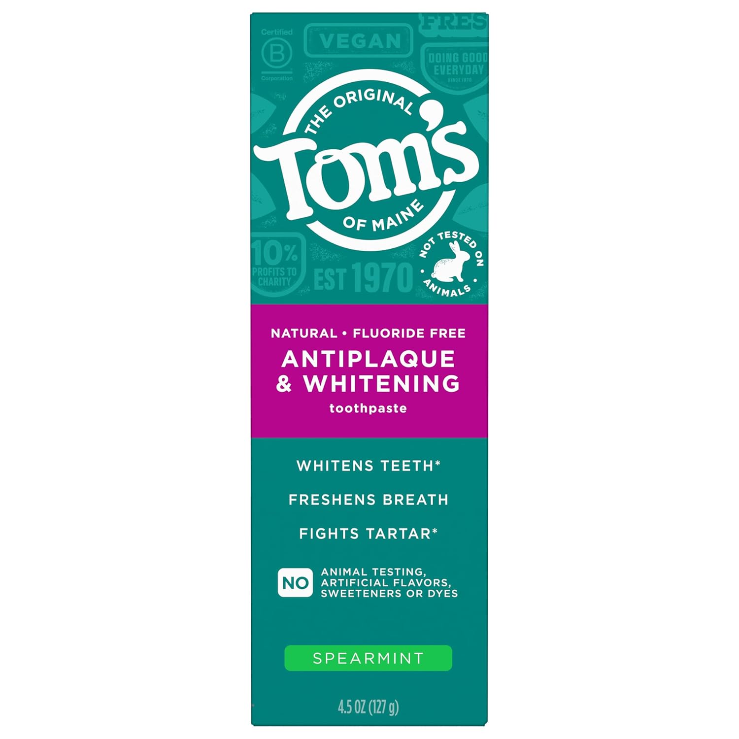 Tom's of Maine Fluoride-Free Antiplaque & Whitening Natural Toothpaste, Peppermint, 5.5 oz. (Pack of 2)