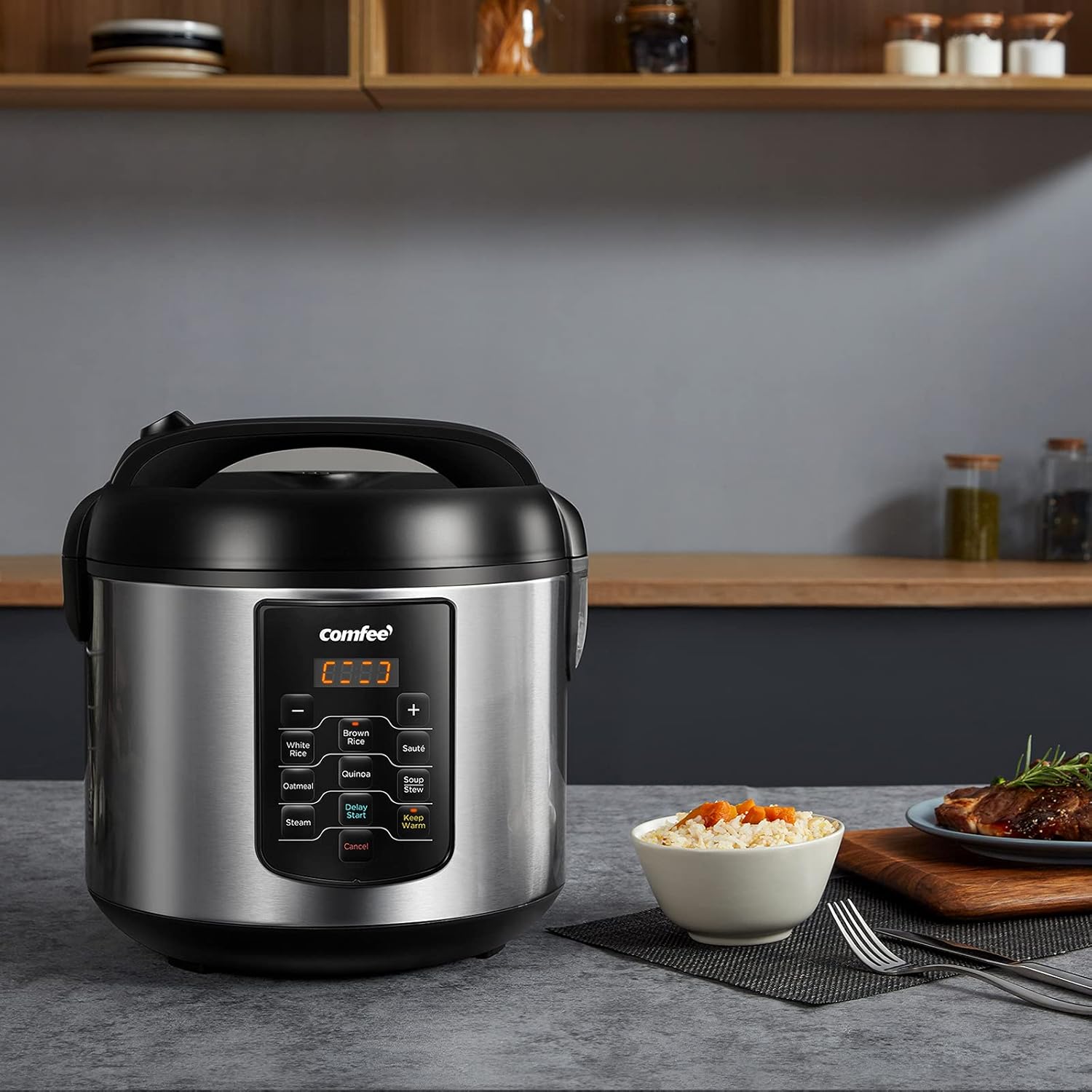 COMFEE' Compact Rice Cooker, 6-in-1 Stainless Steel Multi Cooker, Slow Cooker, Steamer, Saute, and Warmer, 2 QT, 8 Cups Cooked(4 Cups Uncooked), Brown Rice, Quinoa and Oatmeal, 6 One-Touch Programs