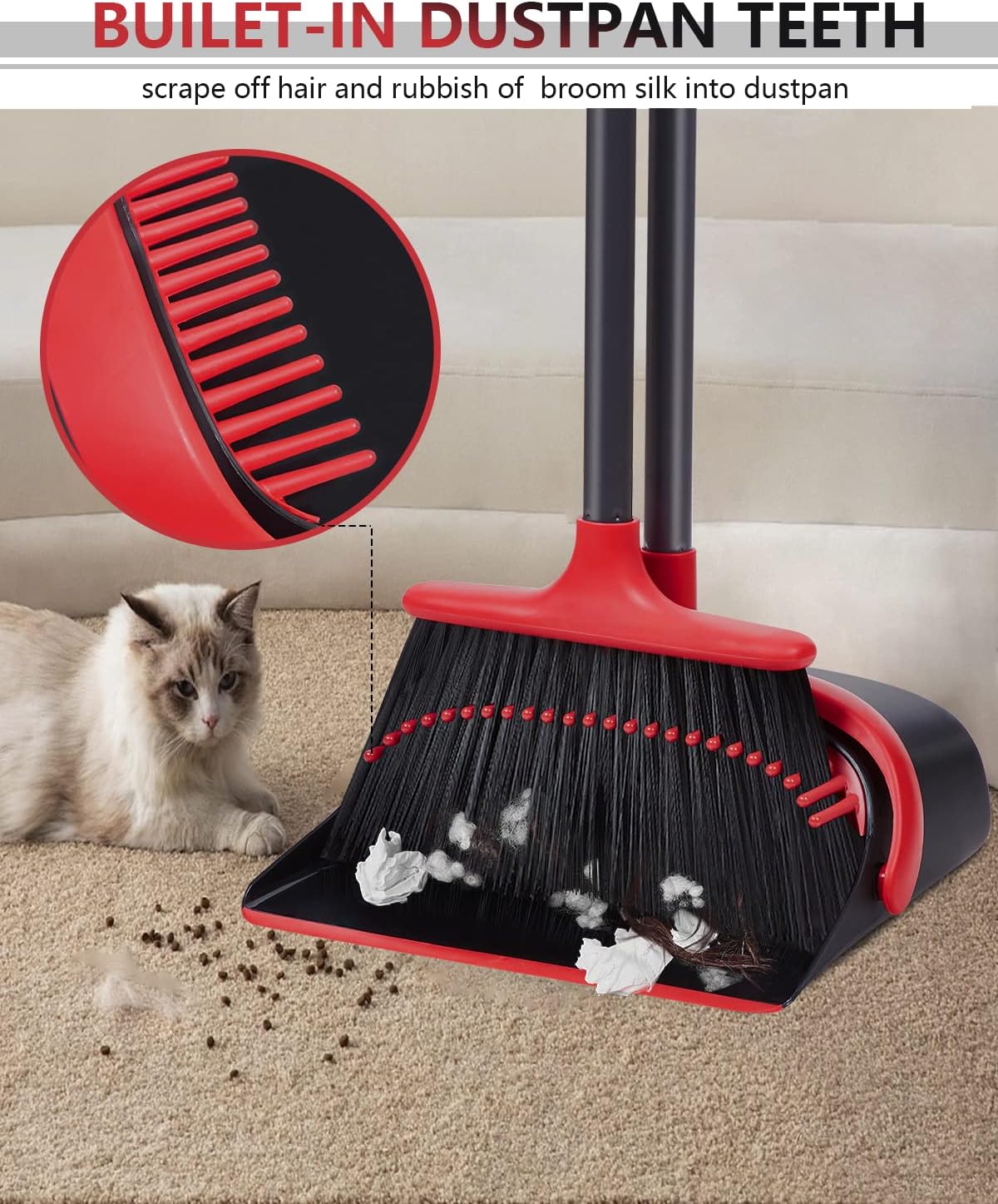 Broom with Dustpan Combo Set, Upgrade Broom and Dustpan Set for Home, 52'' Long Handle Broom and Dustpan Set, Standing Dustpan and Broom for Kitchen Office Lobby Floor