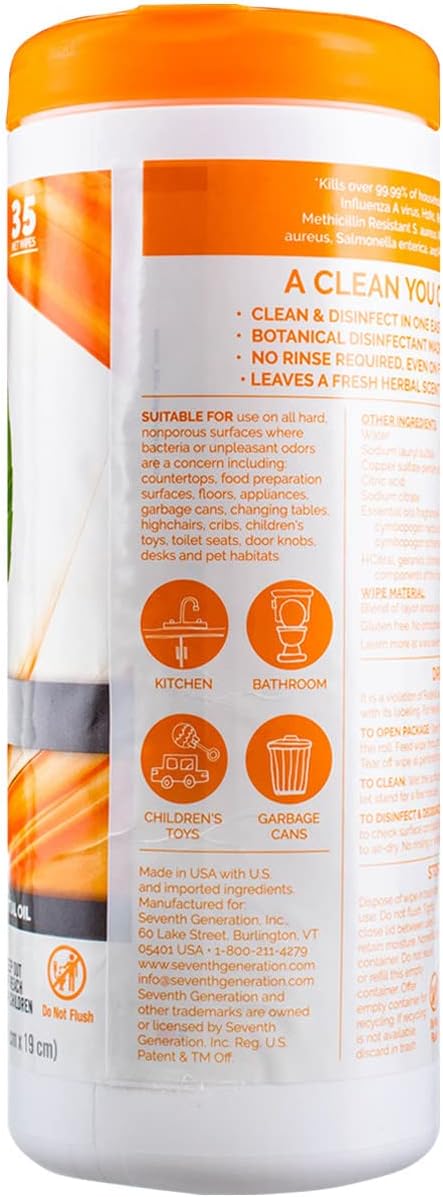 Seventh Generation Disinfecting Multi-Surface Wipes, Pack of 3, Lemongrass Citrus, 70 Count