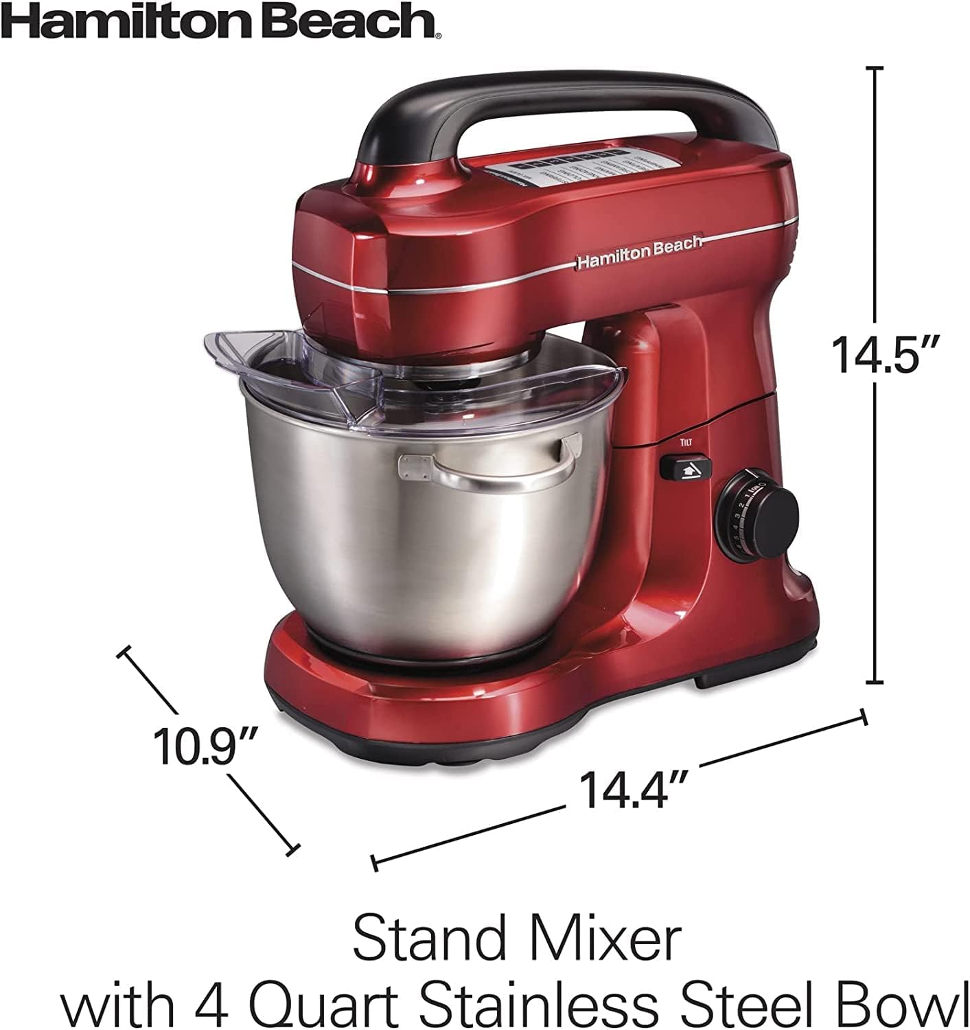 Hamilton Beach Electric Stand Mixer, 4 Quarts, Dough Hook, Flat Beater Attachments, Splash Guard 7 Speeds with Whisk, Black with Top Handle