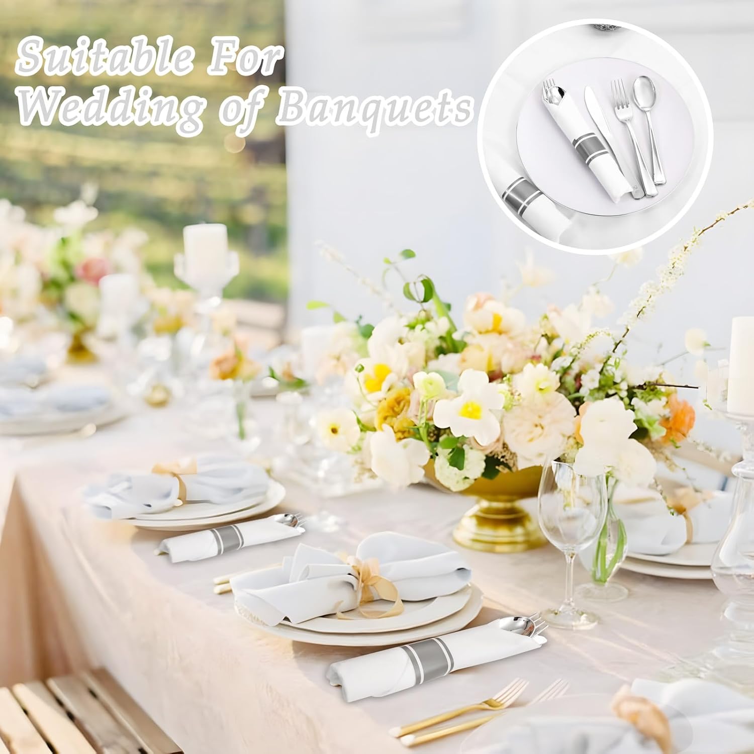 Supernal 60 Pack Pre Rolled Napkins with Gold Plastic Silverware, Premium Disposable Gold Wrapped Cutlery Set Includes: 60 Forks 60 Knives 60 Spoons 60 Napkin for Party