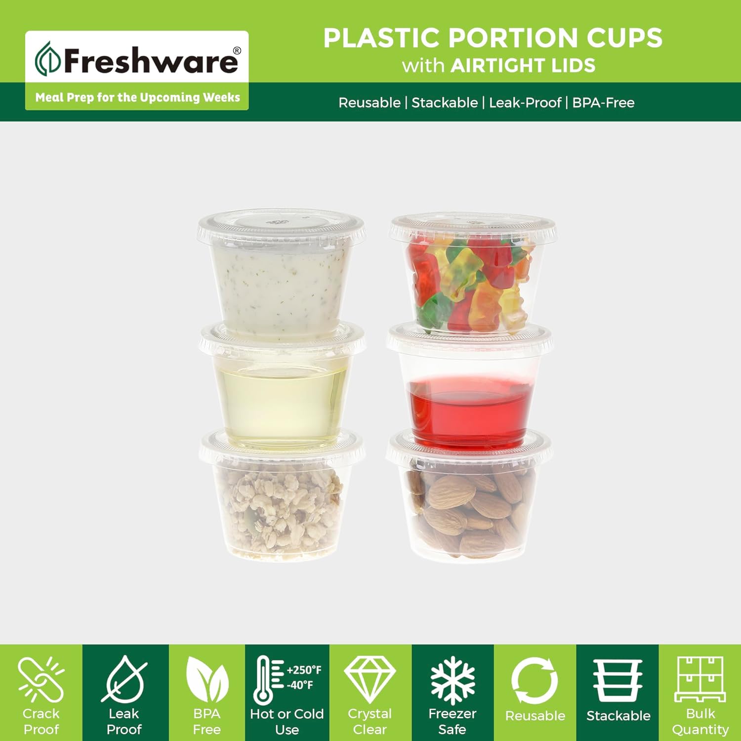 Freshware 200-Piece Polypropylene Portion Cups, Clear | 2 Ounce | 200 Sets | Cups with Lids