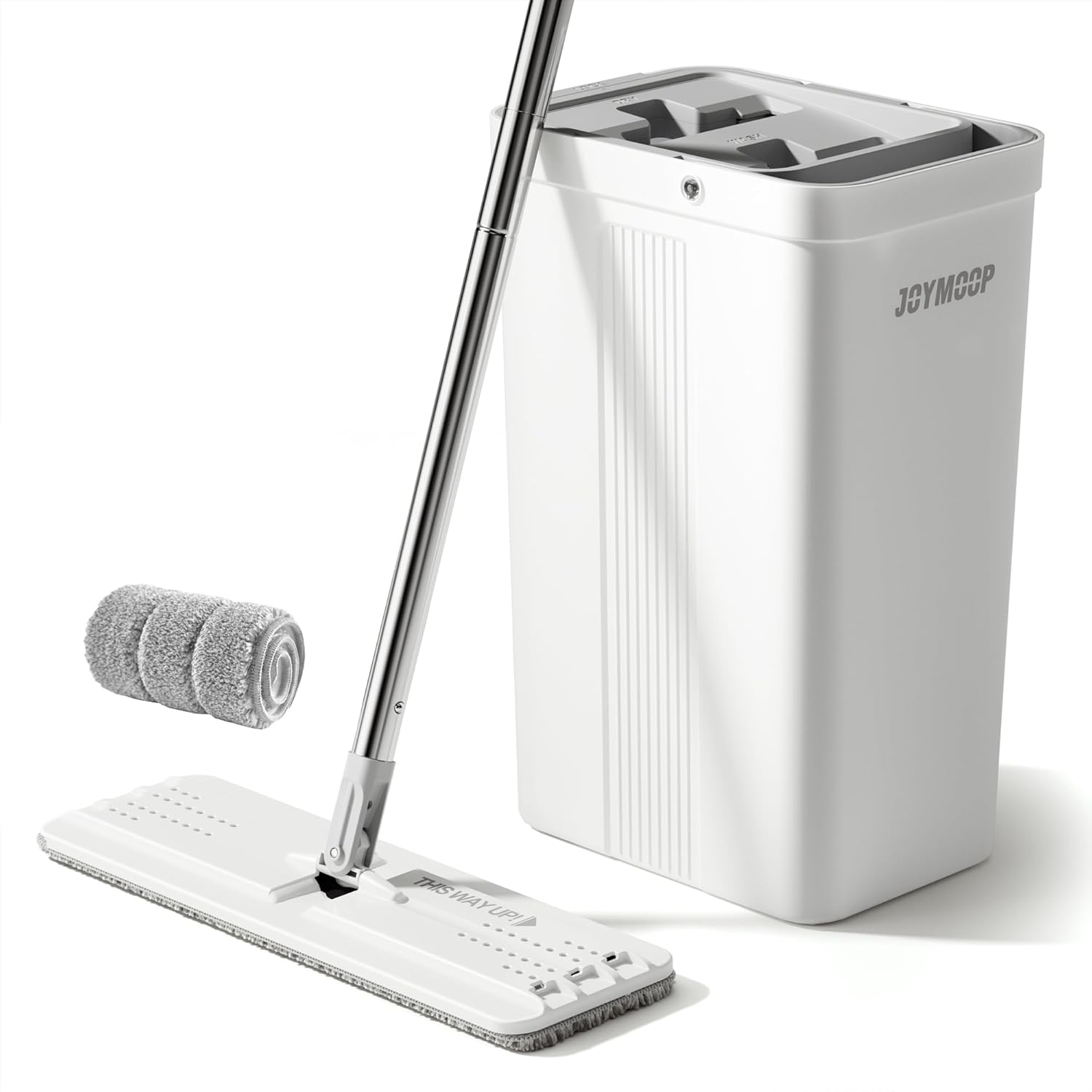 JOYMOOP Mop and Bucket with Wringer Set, White Flat Squeeze Mop Bucket Set for Floor Cleaning, Wet Dry Mop for Wall Cleaner with Long Handle, Hardwood Floor Mop with 4 Microfiber Cloths