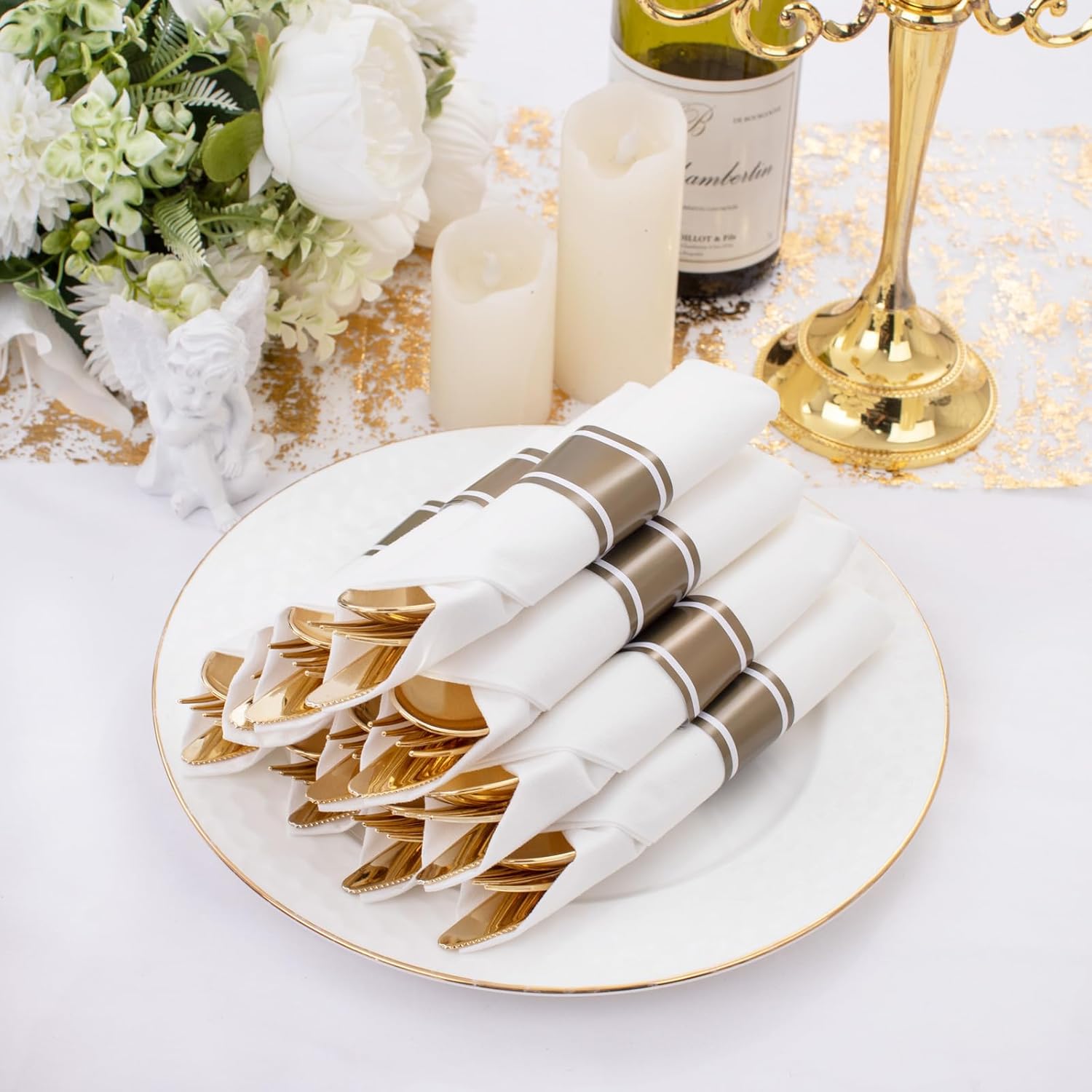 Supernal 60 Pack Pre Rolled Napkins with Gold Plastic Silverware, Premium Disposable Gold Wrapped Cutlery Set Includes: 60 Forks 60 Knives 60 Spoons 60 Napkin for Party