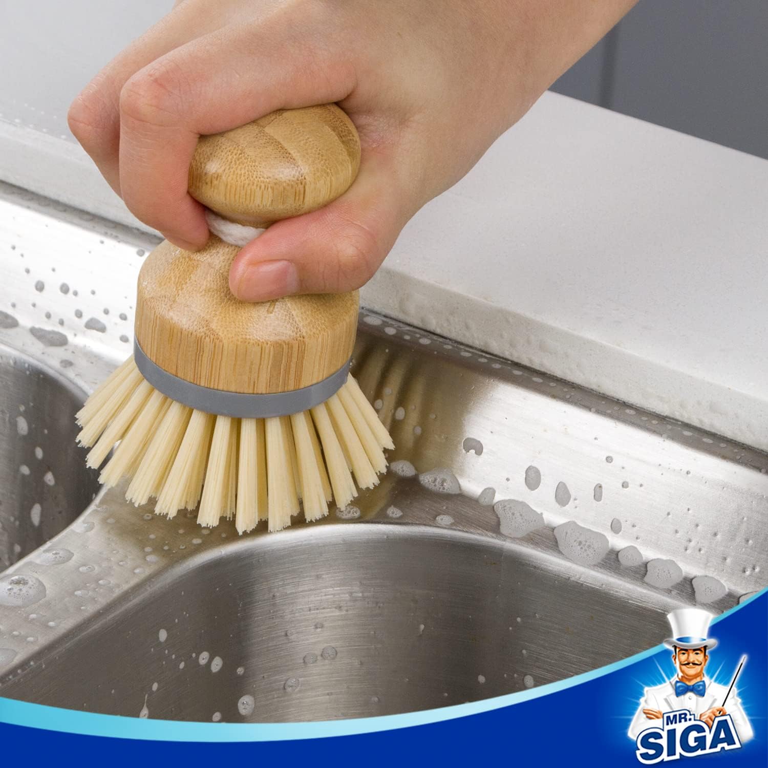 MR.SIGA Dish Brush with Bamboo Handle Built-in Scraper, Scrub Brush for Pans, Pots, Kitchen Sink Cleaning, Pack of 2