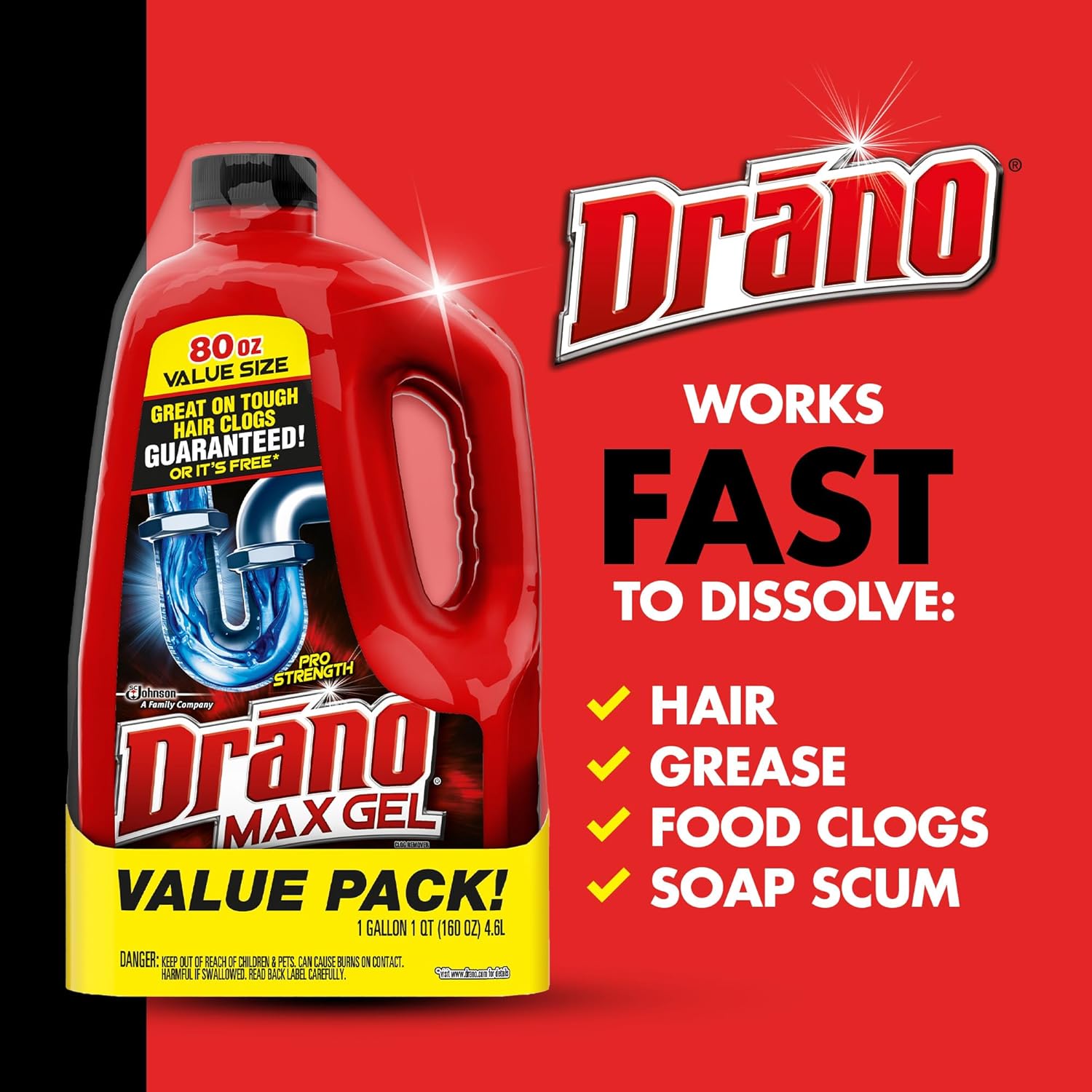 Drano Max Gel Drain Clog Remover and Cleaner for Shower or Sink Drains, Unclogs and Removes Hair, Soap Scum and Blockages, 80 Oz