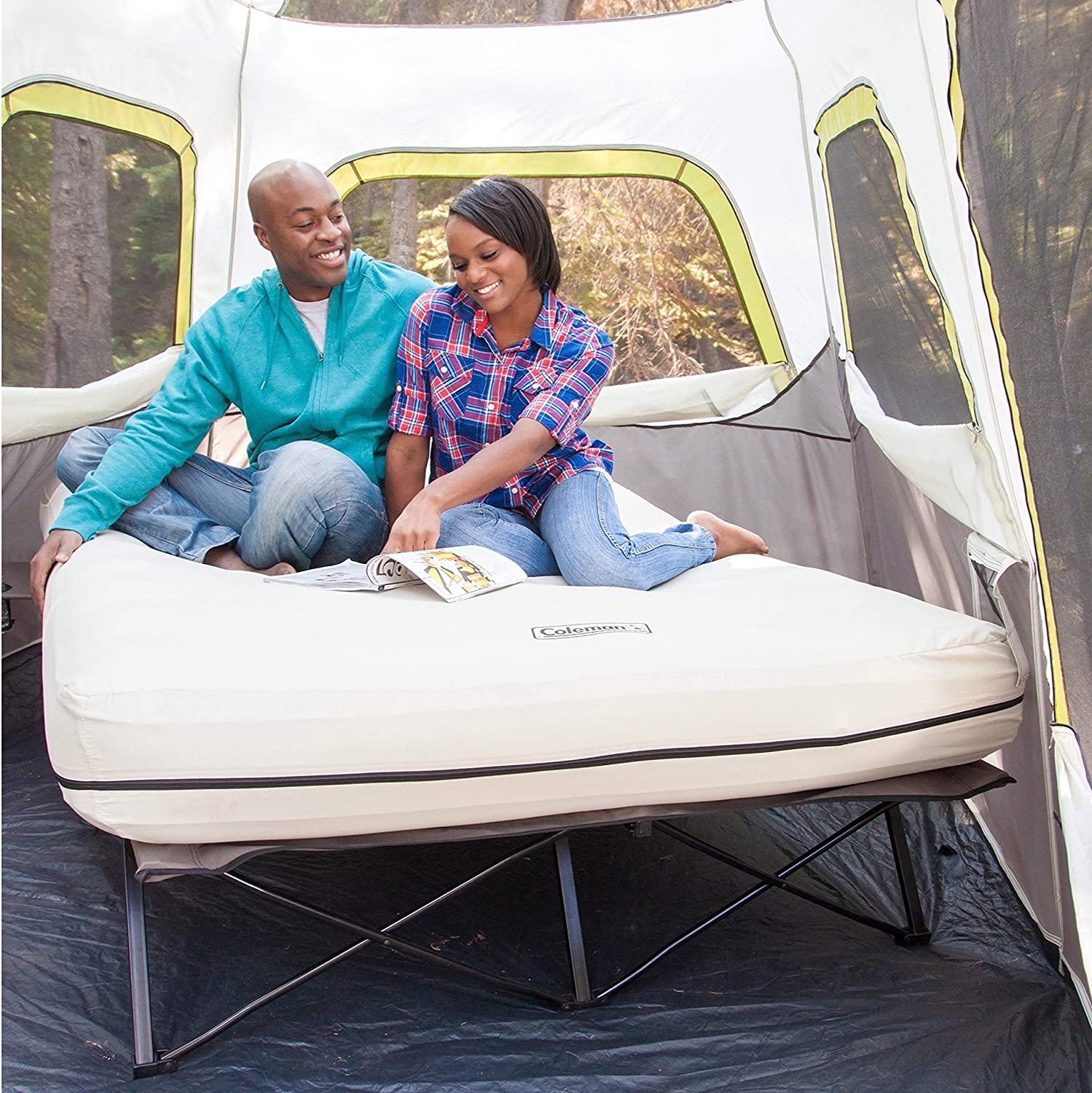 Coleman Camping Cot, Air Mattress, and Pump Combo, Folding Camp Cot and Air Bed with Side Table and Battery Operated Pump
