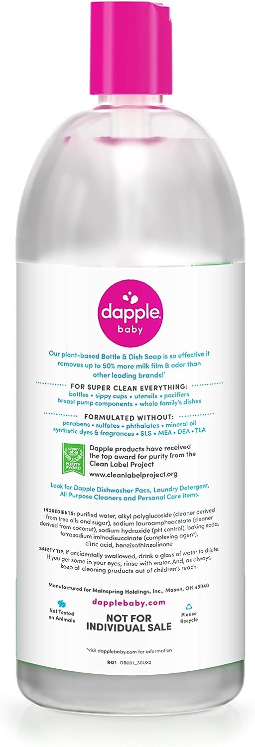 Dapple Baby, Bottle and Dish Soap Dish Liquid Plant Based Hypoallergenic 1 Pump Included, Packaging May Vary, Fragrance Free, 16.9 Fl Oz (Pack of 3)