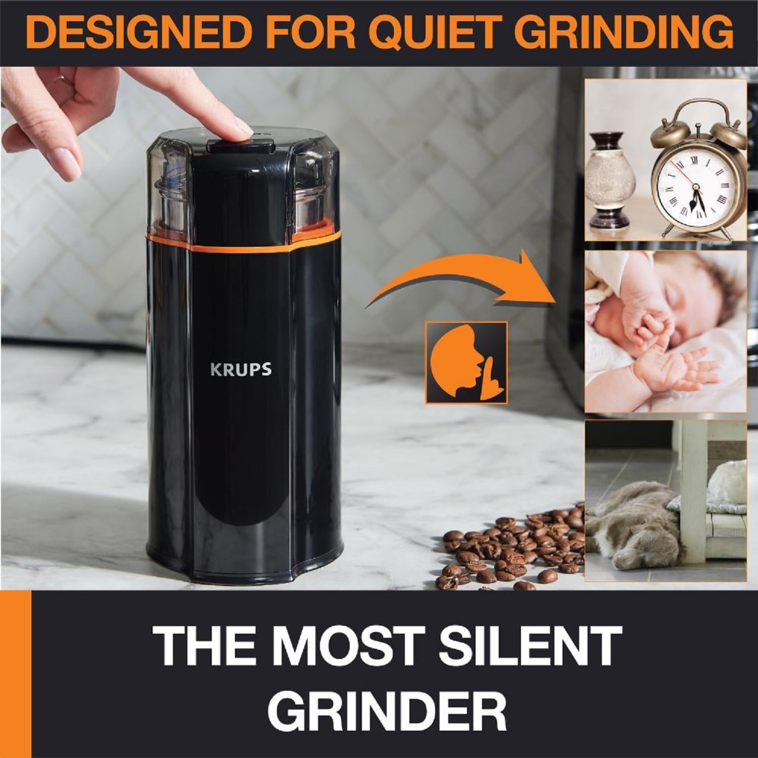 Krups One-Touch Coffee and Spice Grinder 3 Ounce Bean Hopper Easy to Use, One Touch Operation 200 Watts Coffee, Spices, Dry Herbs, Nuts, 12 Cup Black