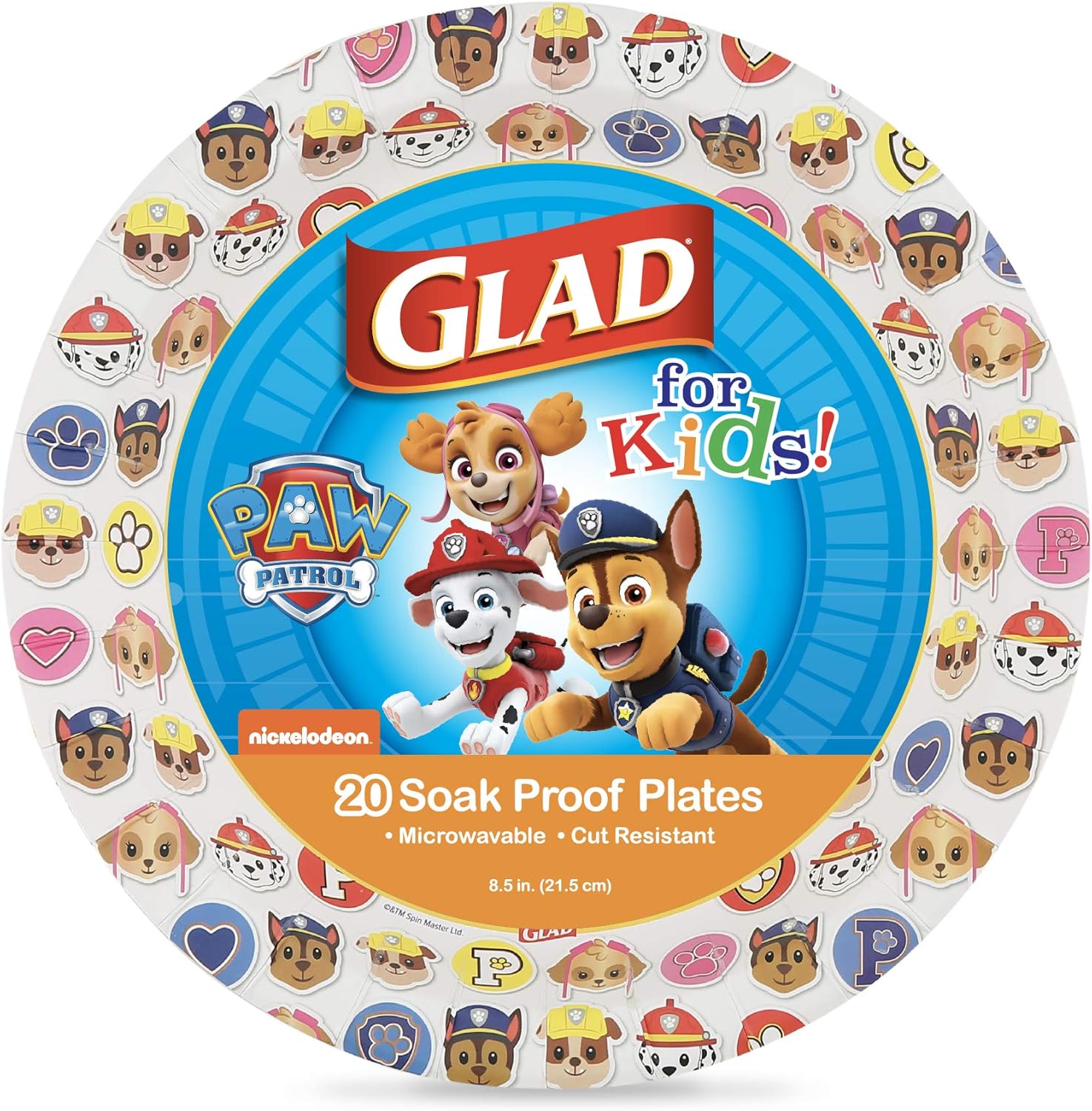 Glad for Kids Paw Patrol Emoji Disposable Paper Plates - Soak Proof, Microwave Safe Snack Plates, Kid Friendly Dinnerware for Everyday Use, 7 Inch, 20 Count