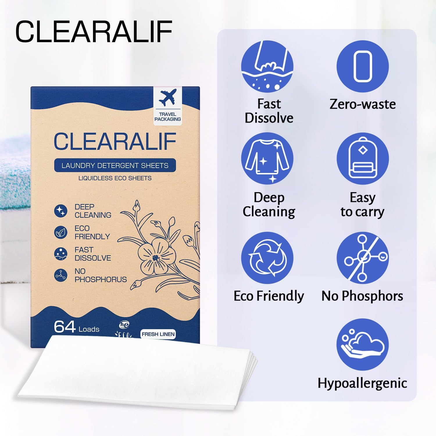 CLEARALIF Laundry Detergent Sheets Up to 160 Loads, Fresh Linen - Great For Travel,Apartments, Dorms,Laundry Detergent Strips Eco Friendly & Hypoallergenic
