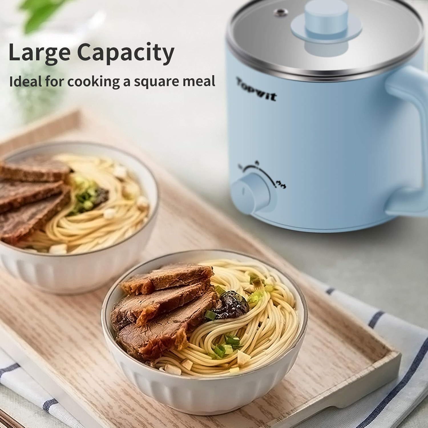 Topwit Hot Pot Electric, Electric Pot, 1.6L Ramen Cooker, Multifunctional Electric Cooker for Pasta, Shabu-Shabu, Oatmeal, Soup and Egg with Over-Heating Protection, Boil Dry Protection, Blue