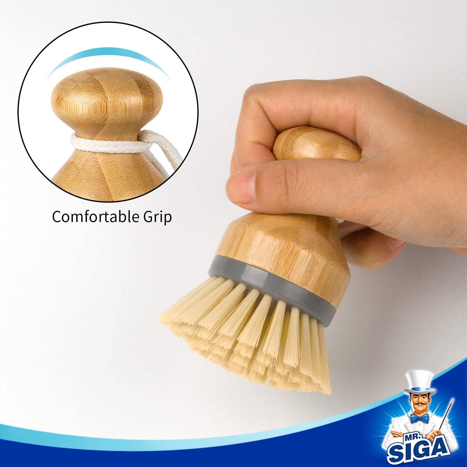 MR.SIGA Dish Brush with Bamboo Handle Built-in Scraper, Scrub Brush for Pans, Pots, Kitchen Sink Cleaning, Pack of 2