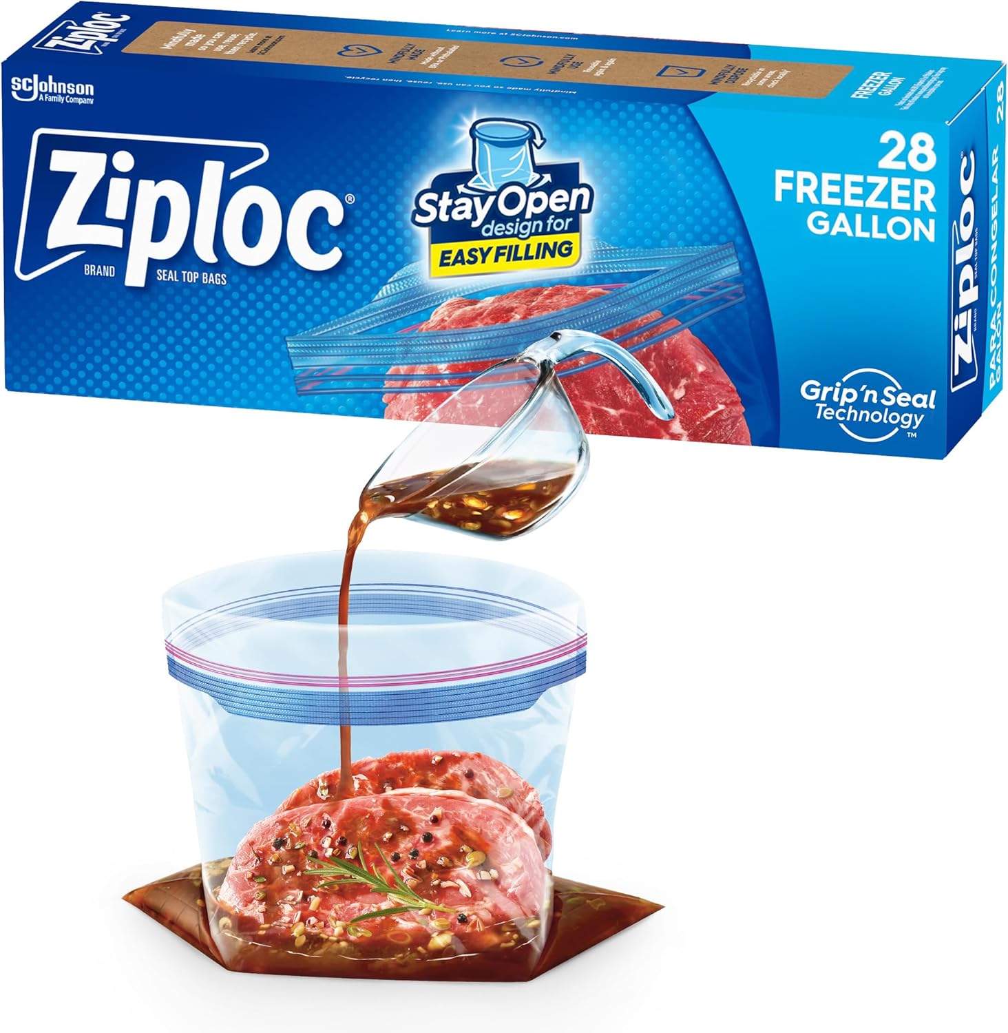 Ziploc Gallon Food Storage Freezer Bags, Stay Open Design with Stand-Up Bottom, Easy to Fill, 28 Count