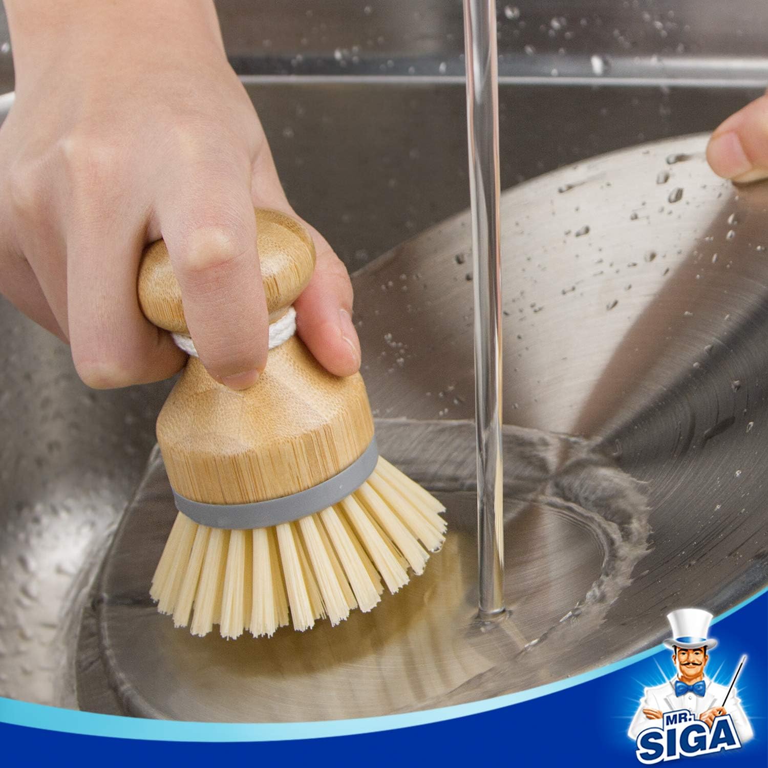 MR.SIGA Dish Brush with Bamboo Handle Built-in Scraper, Scrub Brush for Pans, Pots, Kitchen Sink Cleaning, Pack of 2