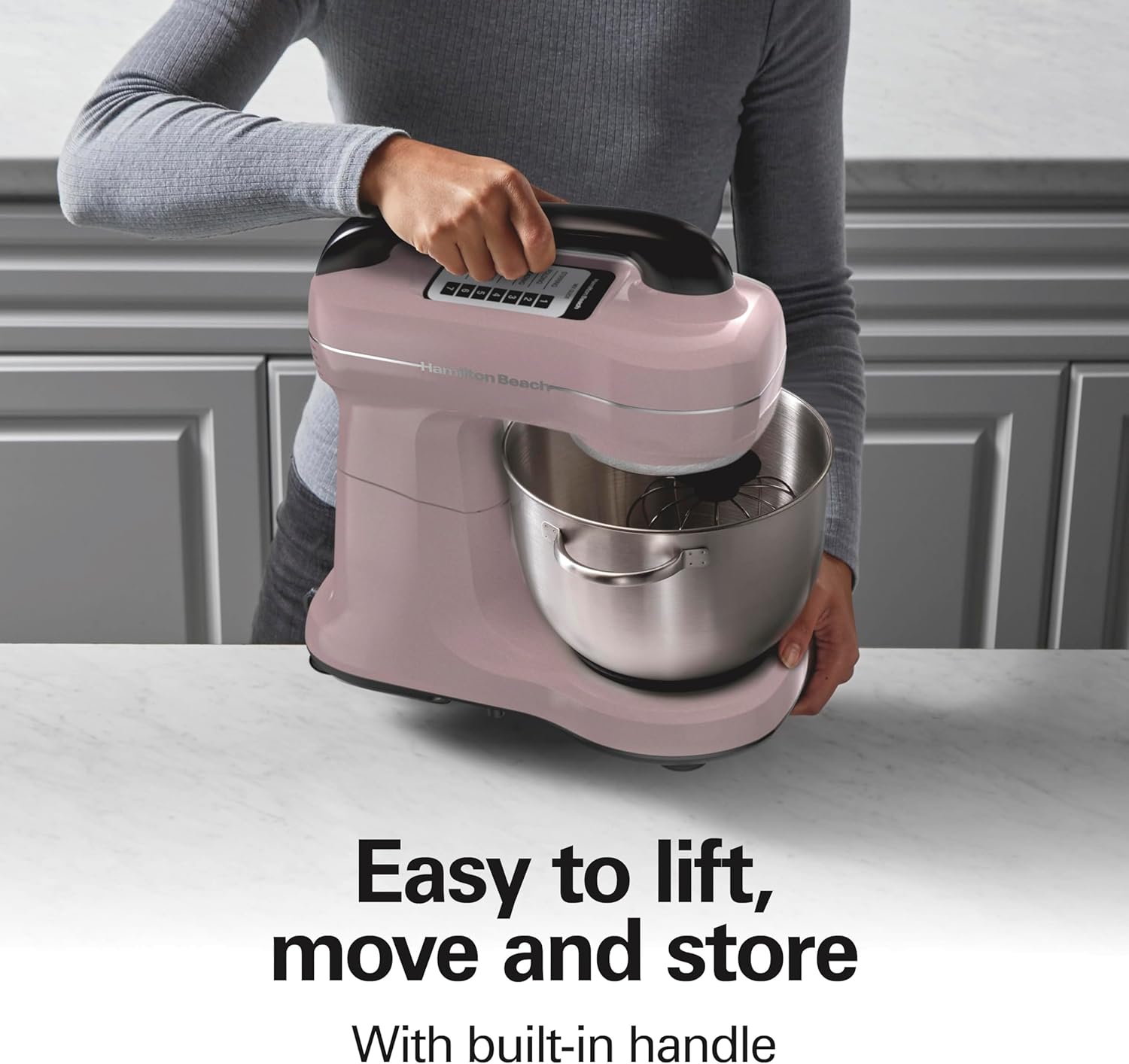 Hamilton Beach Electric Stand Mixer, 4 Quarts, Dough Hook, Flat Beater Attachments, Splash Guard 7 Speeds with Whisk, Black with Top Handle