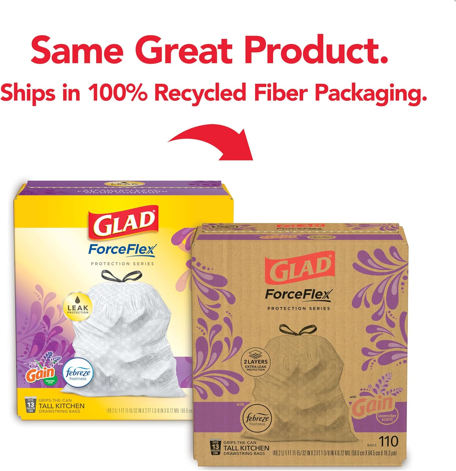 Glad ForceFlex Tall Kitchen Trash Bags, 13 Gal, Gain Original with Febreze, 110 Ct (Pack May Vary)