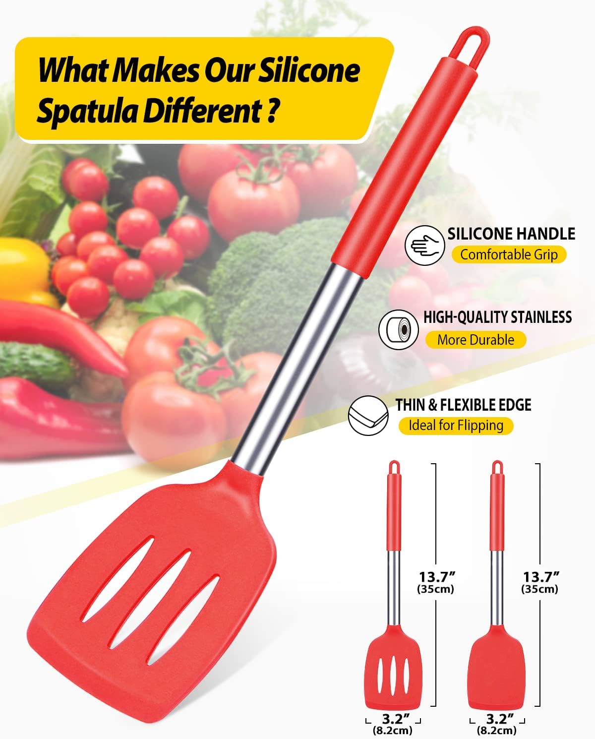 Pack of 2 Silicone Solid Turner,Non Stick Slotted Kitchen Spatulas,High Heat Resistant BPA Free Cooking Utensils,Ideal Cookware for Fish,Eggs,Pancakes (Black)
