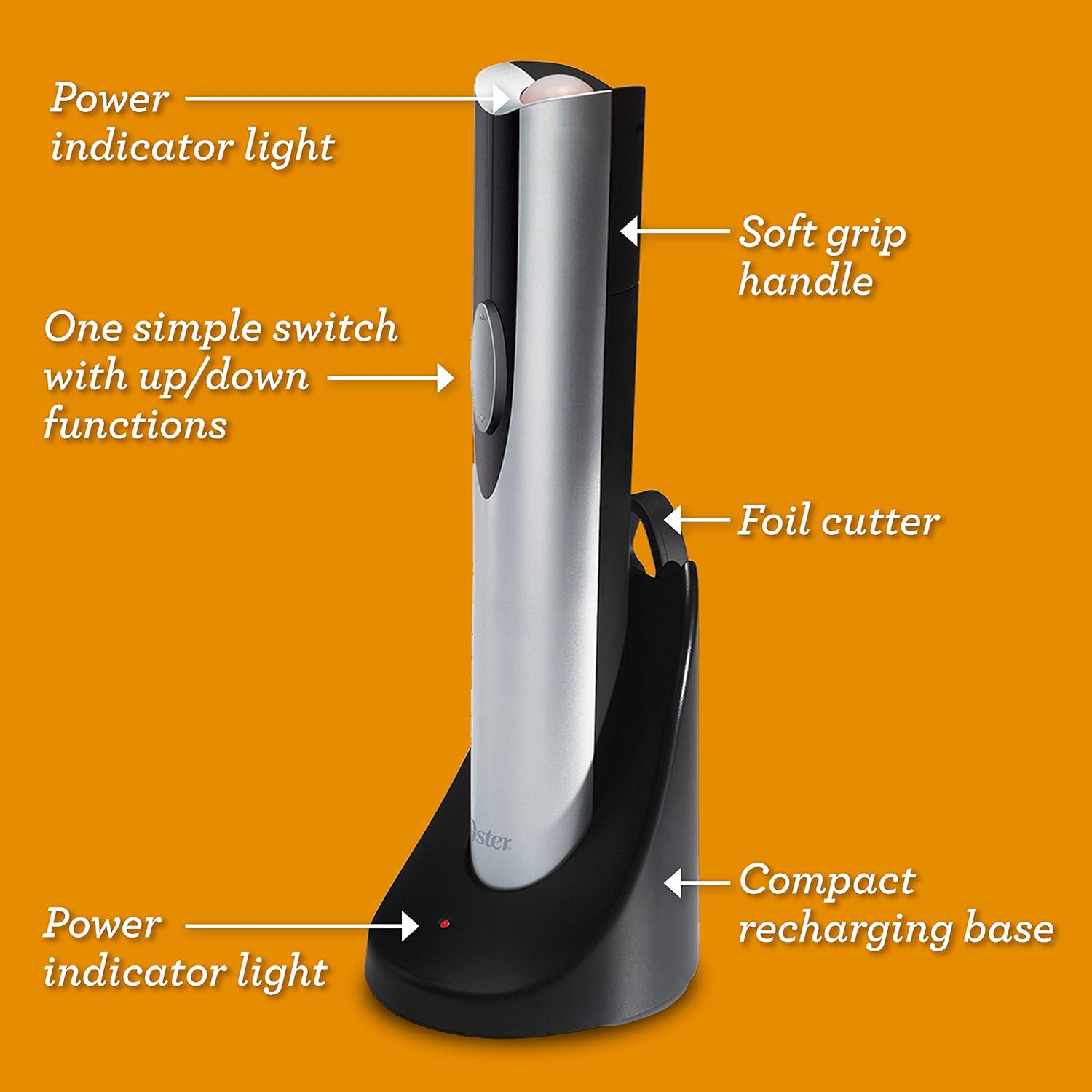 Oster Cordless Electric Wine Bottle Opener with Foil Cutter, FFP, One, Silver