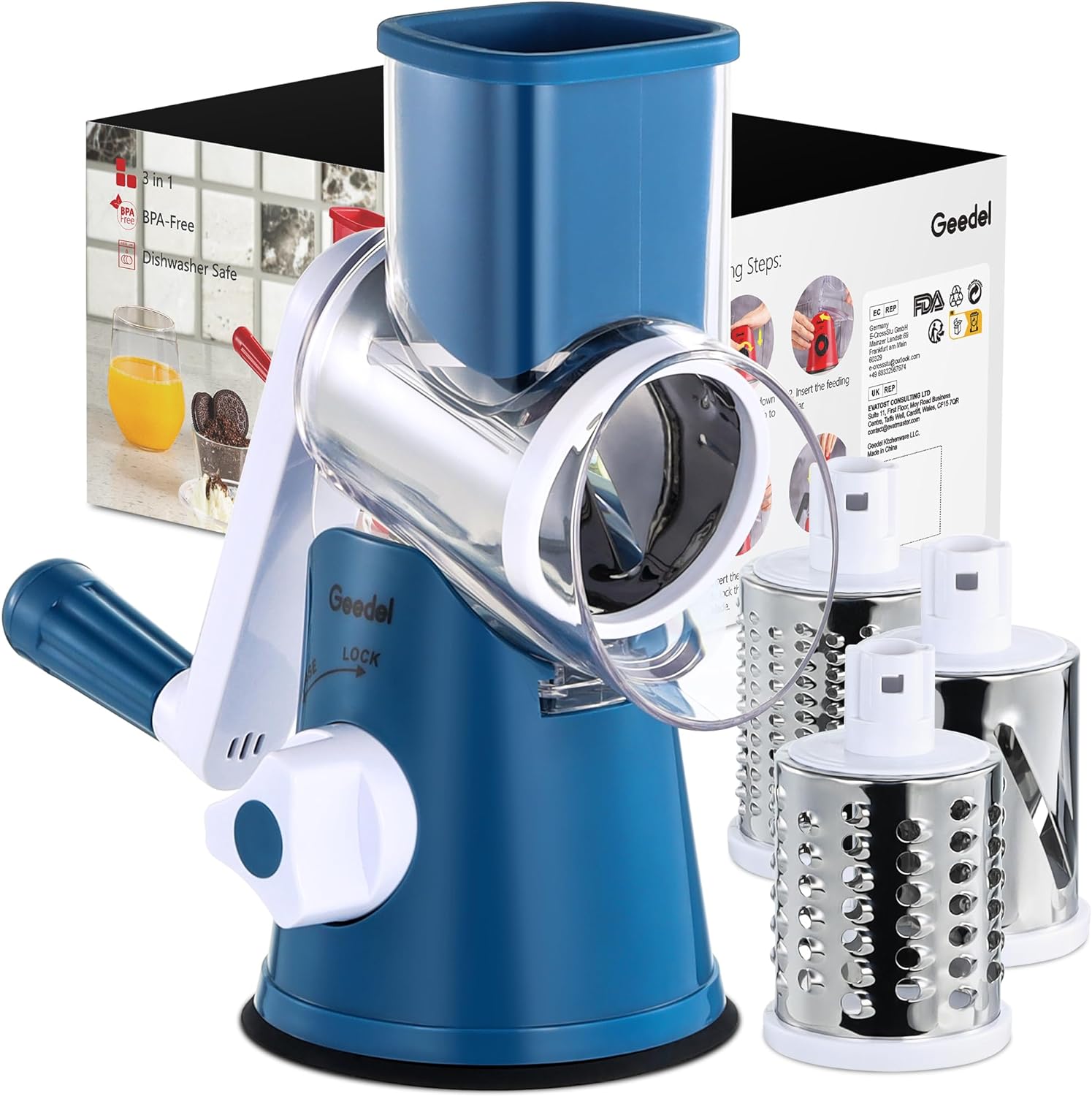 Geedel Rotary Cheese Grater, Kitchen Mandoline Vegetable Slicer with 3 Interchangeable Blades, Easy to Clean Grater for Fruit, Vegetables, Nuts