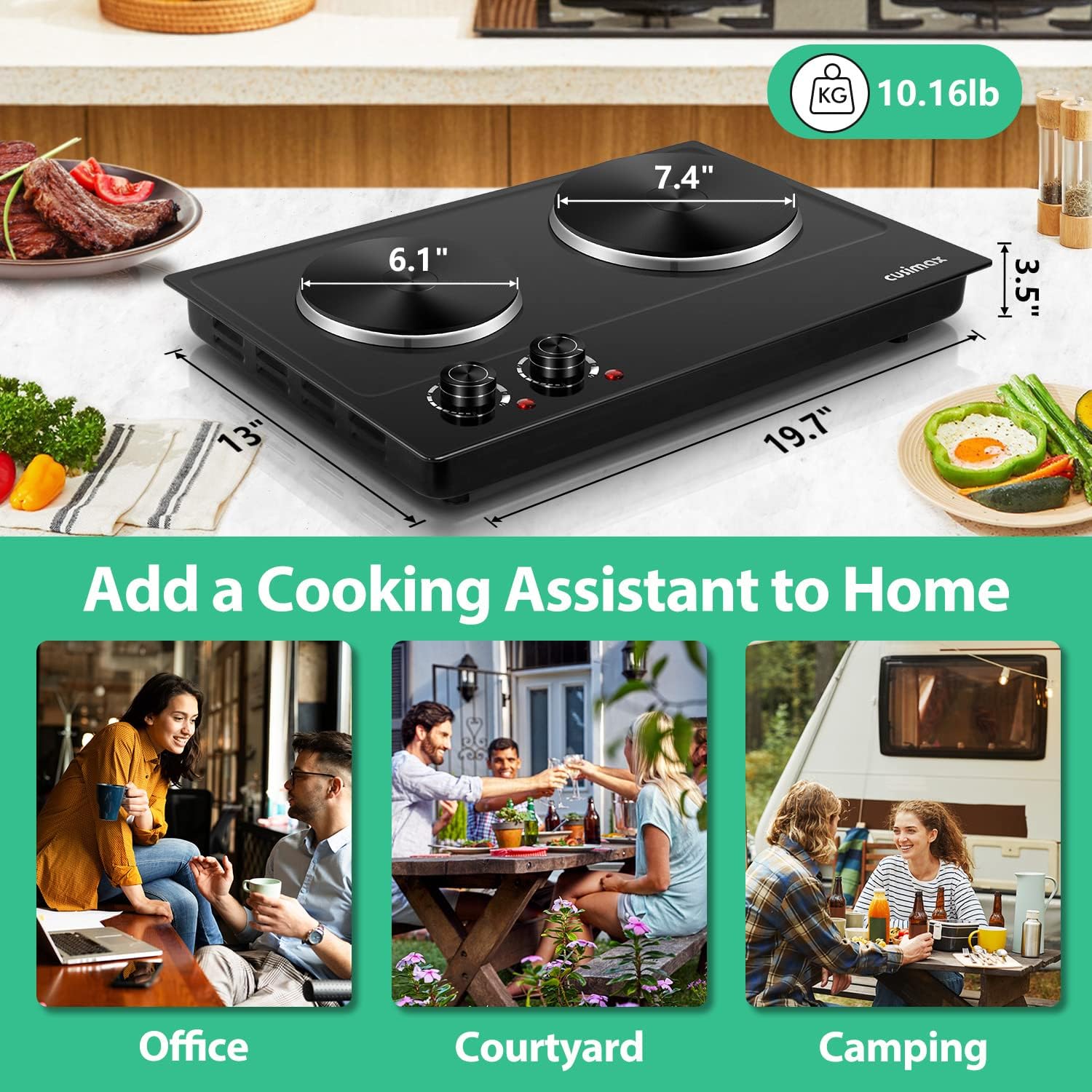 CUSIMAX 1800W Ceramic Electric Hot Plate for Cooking, Dual Control Infrared Cooktop, Double Burner, Portable Countertop Burner, Glass Plate Electric Cooktop, Silver, Stainless Steel-Upgraded Version