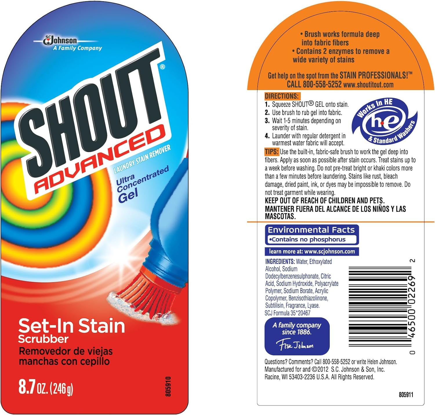 Shout Advanced Stain Remover Brush, Ultra Concentrated Gel with Built-In Scrubber Brush for Deep Set-In Stains, 8.7Oz