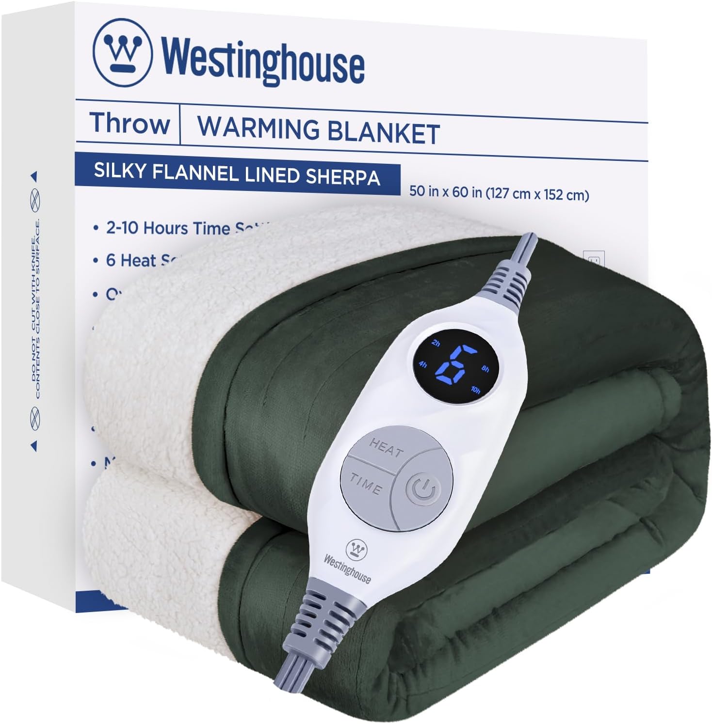 Westinghouse Heated Throw Blanket, Soft Flannel to Sherpa Electric Throw with 6 Heating Levels, 2-10 Hours Time Settings, Fast Heating, Machine Washable 50x60 Inch, Charcoal