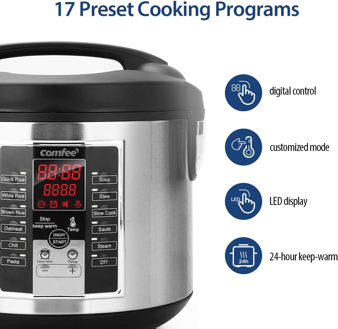 COMFEE' Compact Rice Cooker, 6-in-1 Stainless Steel Multi Cooker, Slow Cooker, Steamer, Saute, and Warmer, 2 QT, 8 Cups Cooked(4 Cups Uncooked), Brown Rice, Quinoa and Oatmeal, 6 One-Touch Programs