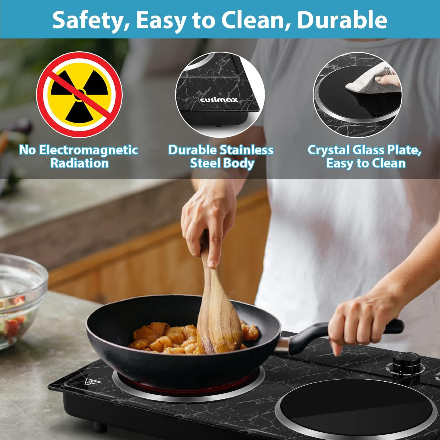 CUSIMAX 1800W Ceramic Electric Hot Plate for Cooking, Dual Control Infrared Cooktop, Double Burner, Portable Countertop Burner, Glass Plate Electric Cooktop, Silver, Stainless Steel-Upgraded Version